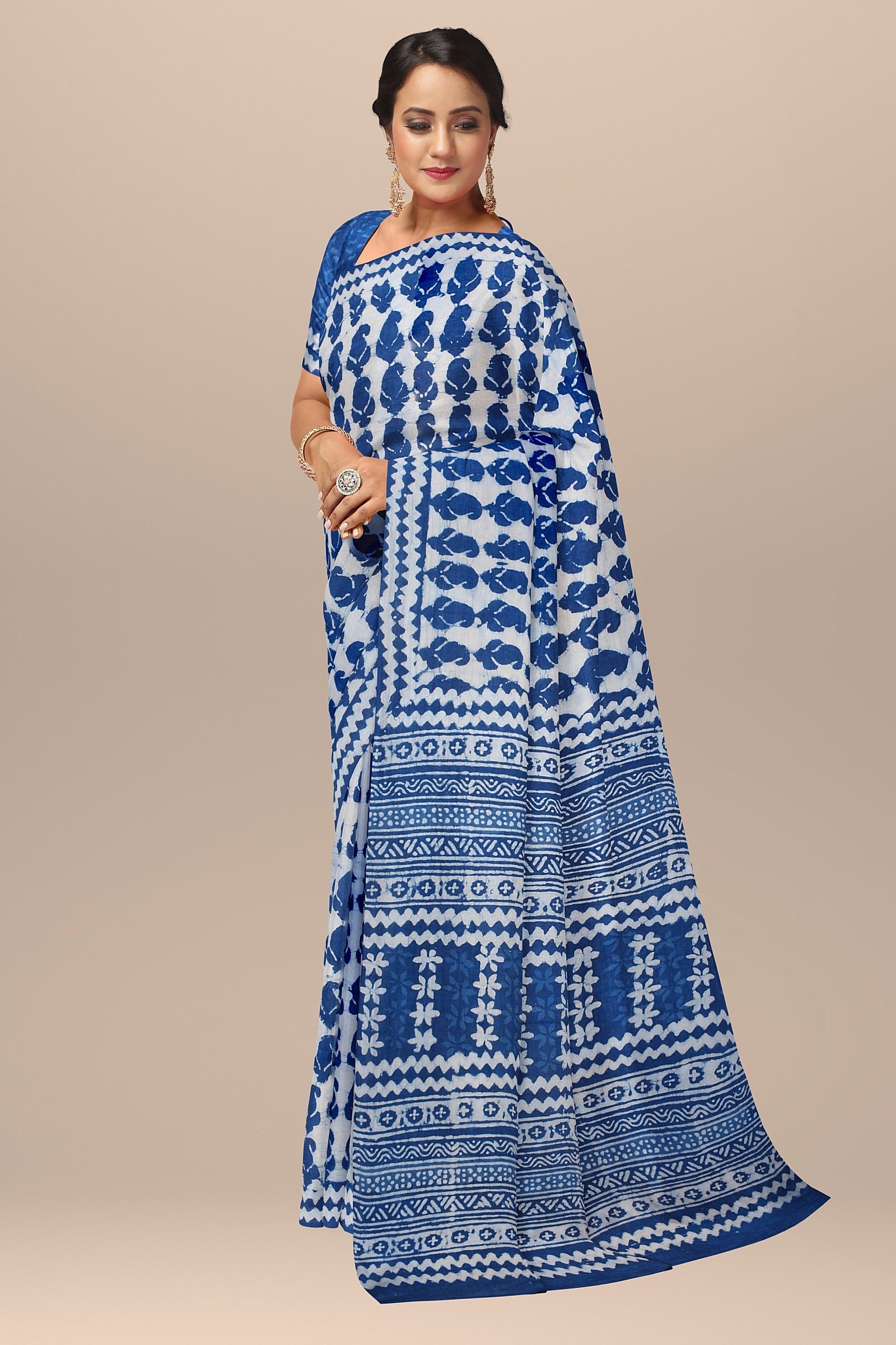 Chhipa Hand Block Printed Daboo Indigo Color Cotton Saree With Carry Print SKU-4255 - Bhartiya Shilp
