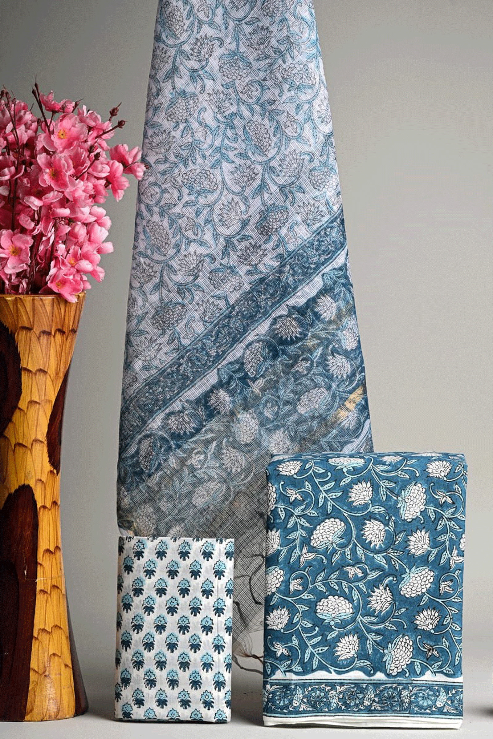 Bagru Hand block printed Floral Cotton Kurti Set with Kota Doria Dupatta SKU - BS30011 - Bhartiya Shilp