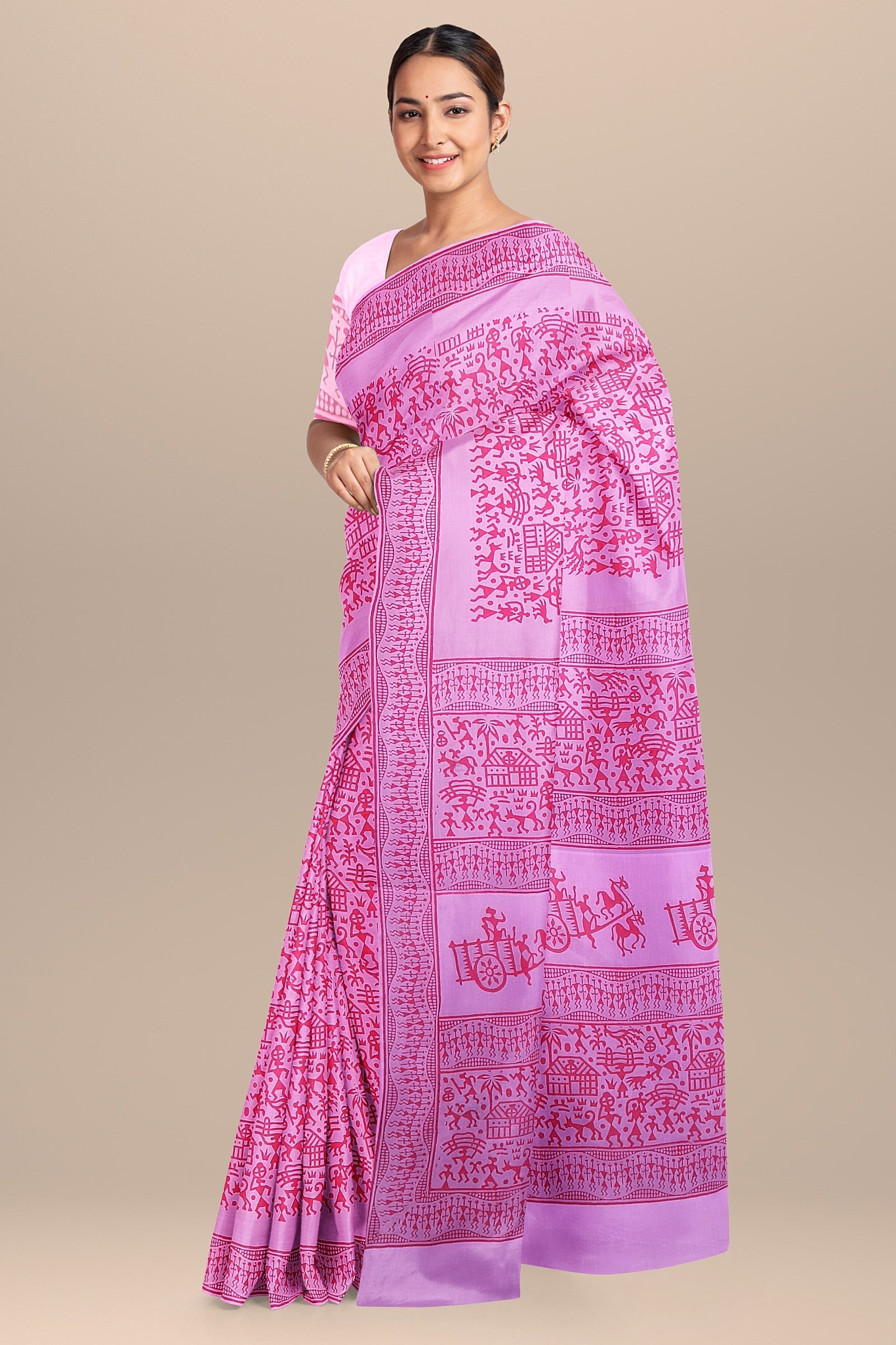 Chhipa Hand Block Printed Baby Pink Color Malmal Cotton Saree With Red Warli Motif SKU-7014 - Bhartiya Shilp