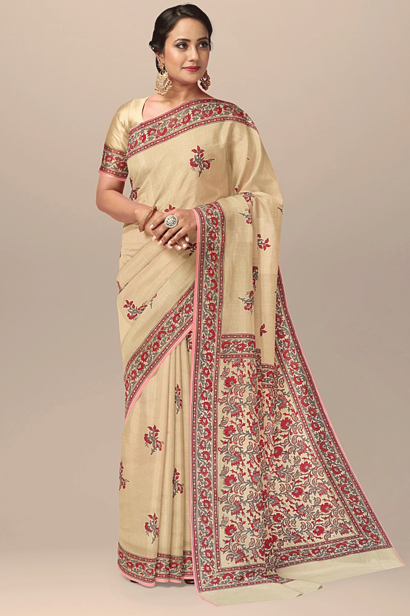 Hand Woven Hand Block Printed Beige Sausar Silk Saree With Floral Motif SKU-4191 - Bhartiya Shilp