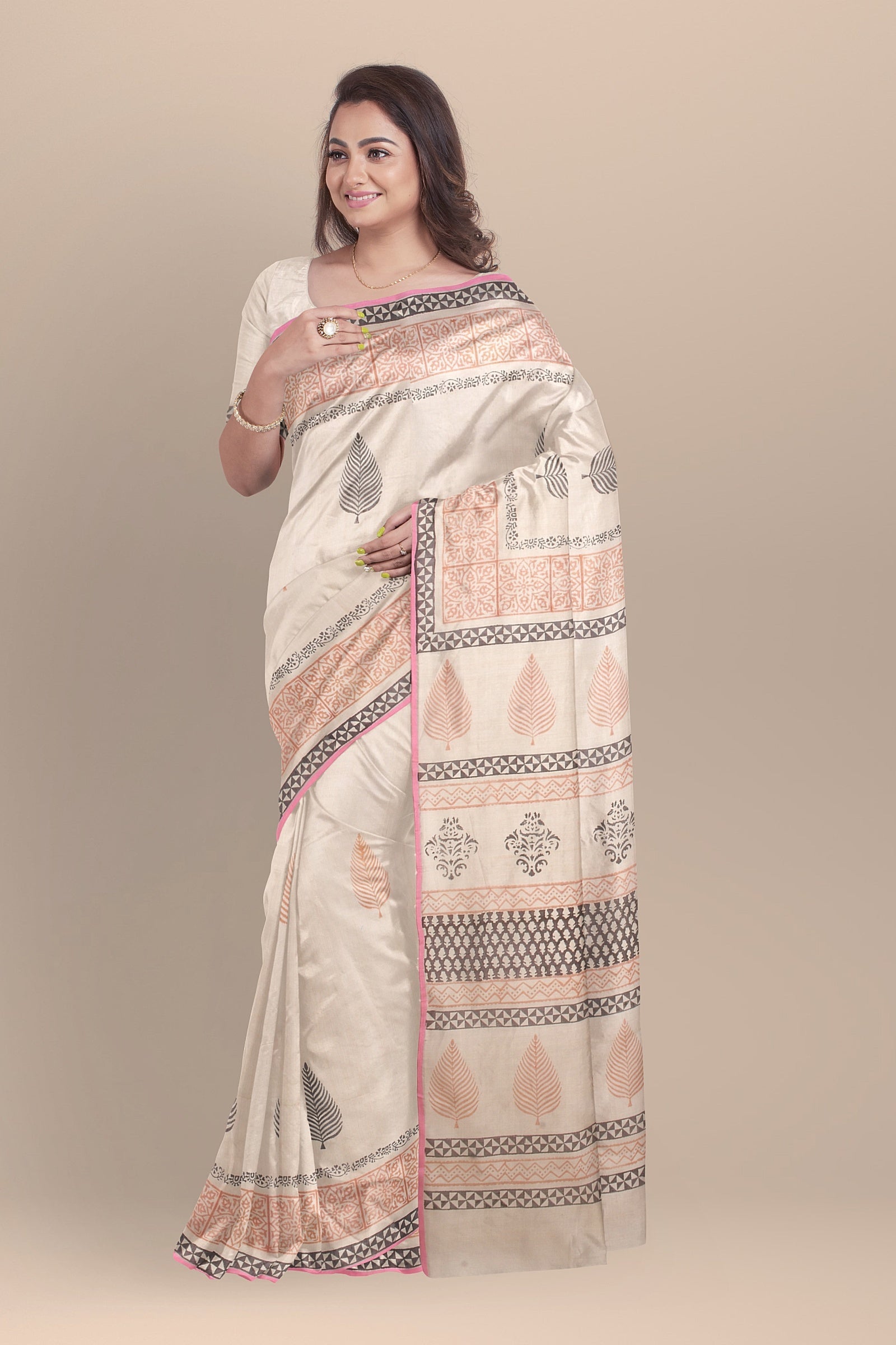 Hand Woven Hand Block Printed Beige Sausar Silk Saree With Multicolor Floral Motif  SKU-AS10027 - Bhartiya Shilp