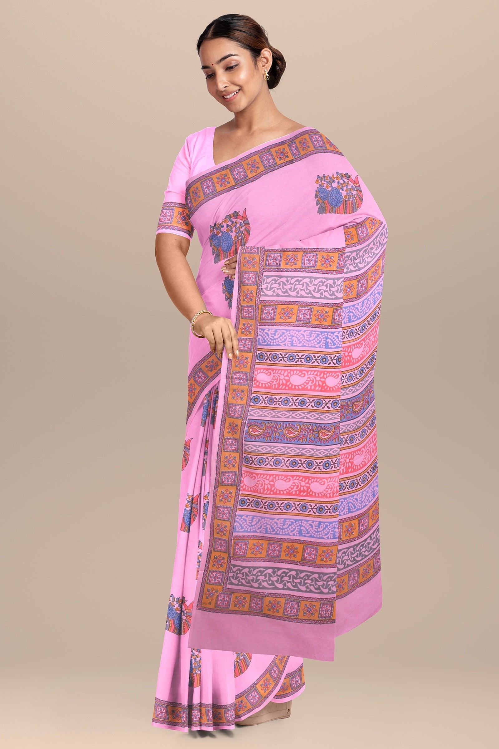 Chhipa Hand Block Printed Baby Pink Color Malmal Cotton Saree With Multicolor Gond Fish Motif SKU-AS10034 - Bhartiya Shilp