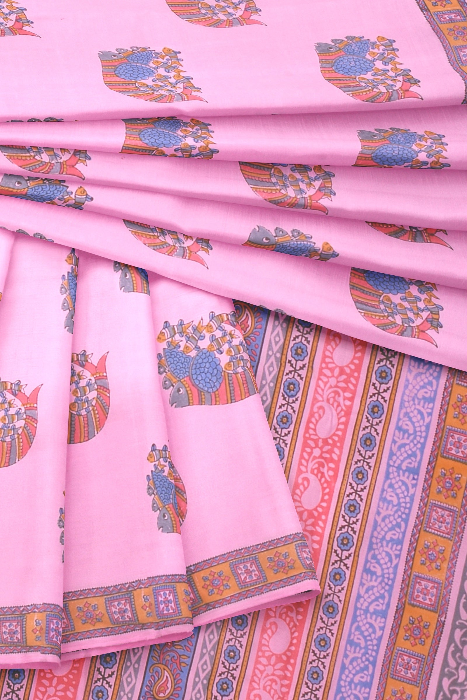 Chhipa Hand Block Printed Baby Pink Color Malmal Cotton Saree With Multicolor Gond Fish Motif SKU-AS10034 - Bhartiya Shilp