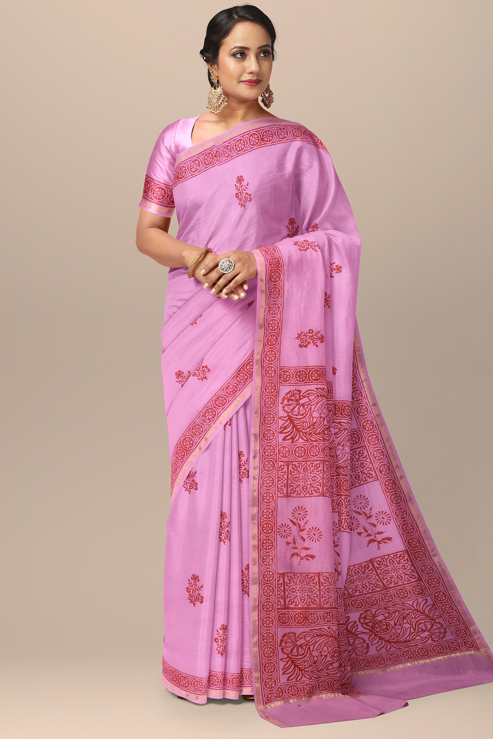 Handwoven Hand Block Print Baby Pink Sausar Silk Saree SKU-AS10039 - Bhartiya Shilp