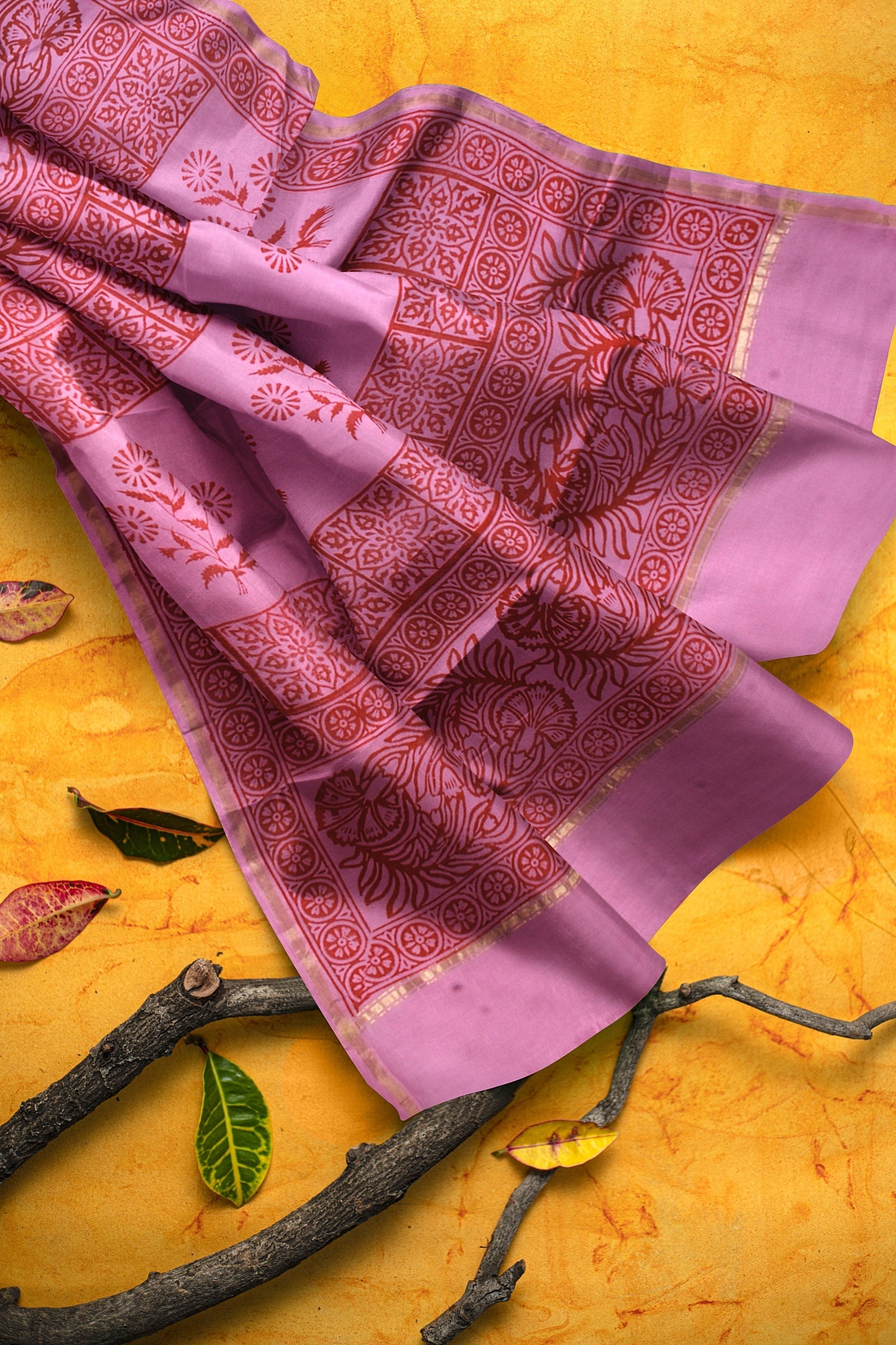 Handwoven Hand Block Print Baby Pink Sausar Silk Saree SKU-AS10039 - Bhartiya Shilp