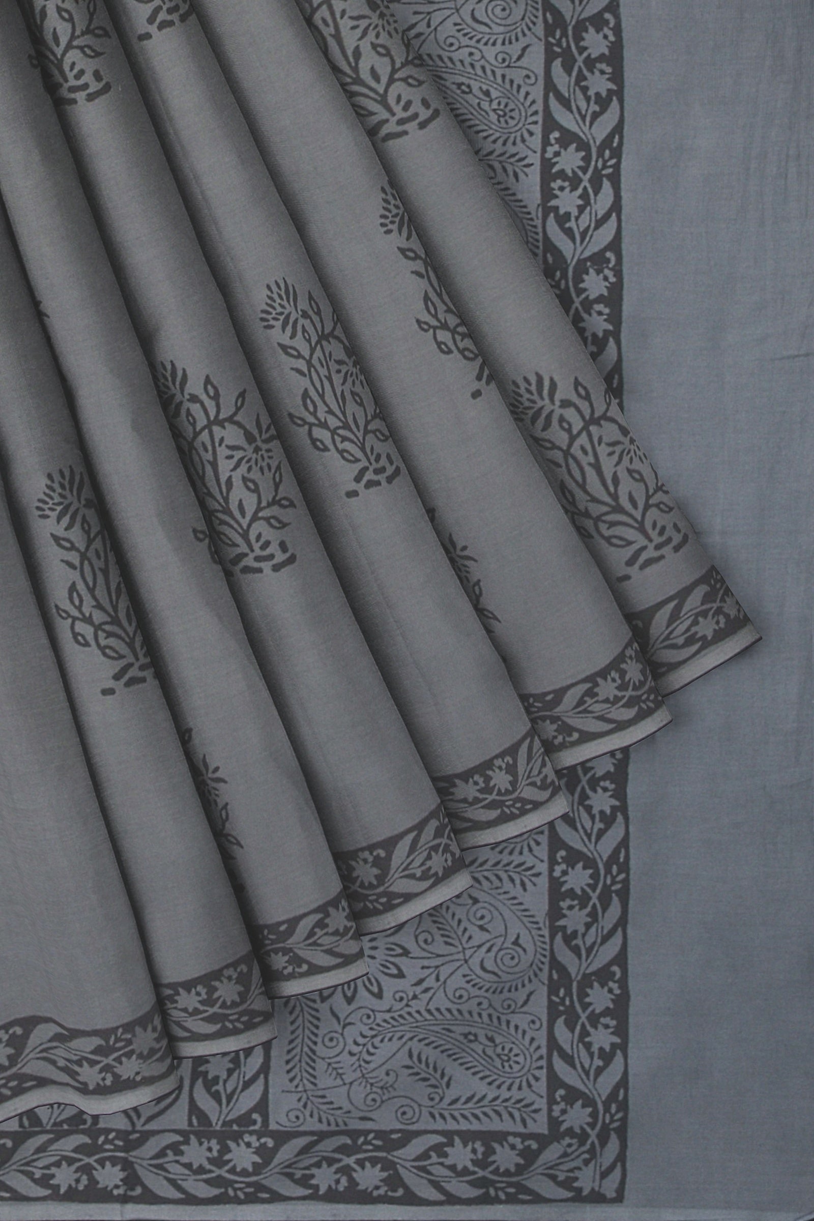 Grey Floral Pattern Hand Block Print Malmal Cotton Saree SKU-AS10070 - Bhartiya Shilp