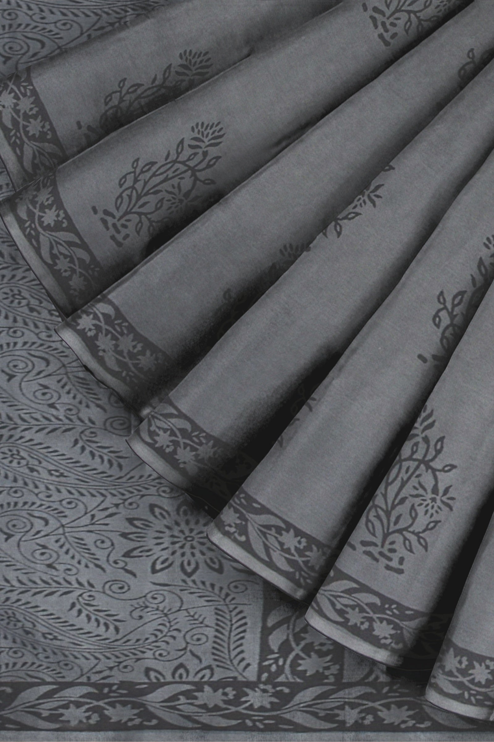 Grey Floral Pattern Hand Block Print Malmal Cotton Saree SKU-AS10070 - Bhartiya Shilp