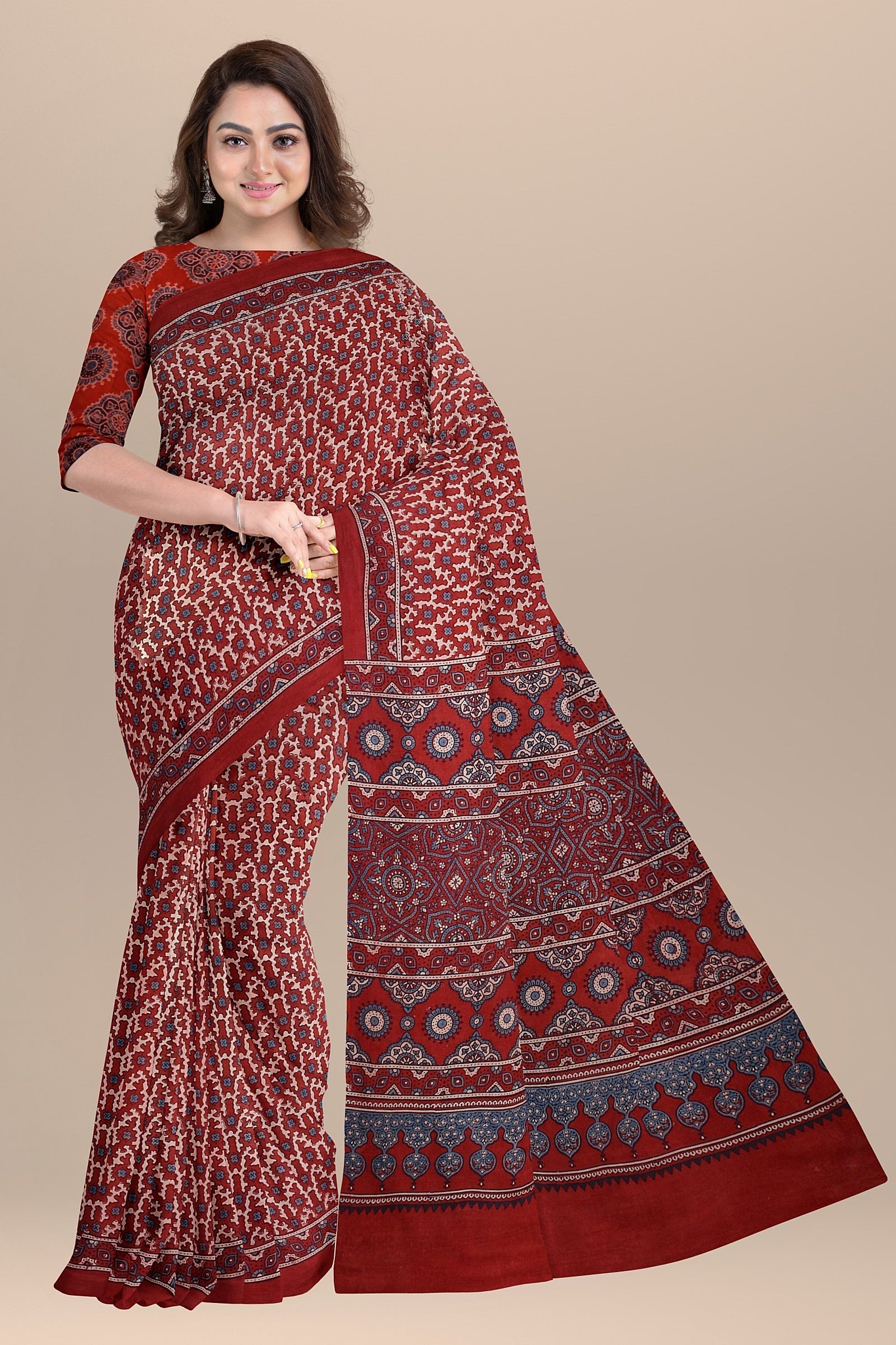 Pastel Red Color Traditional Blue and Red Floral and Geometrical Ajrakh Print Malmal Cotton Saree  SKU-BS10076 - Bhartiya Shilp