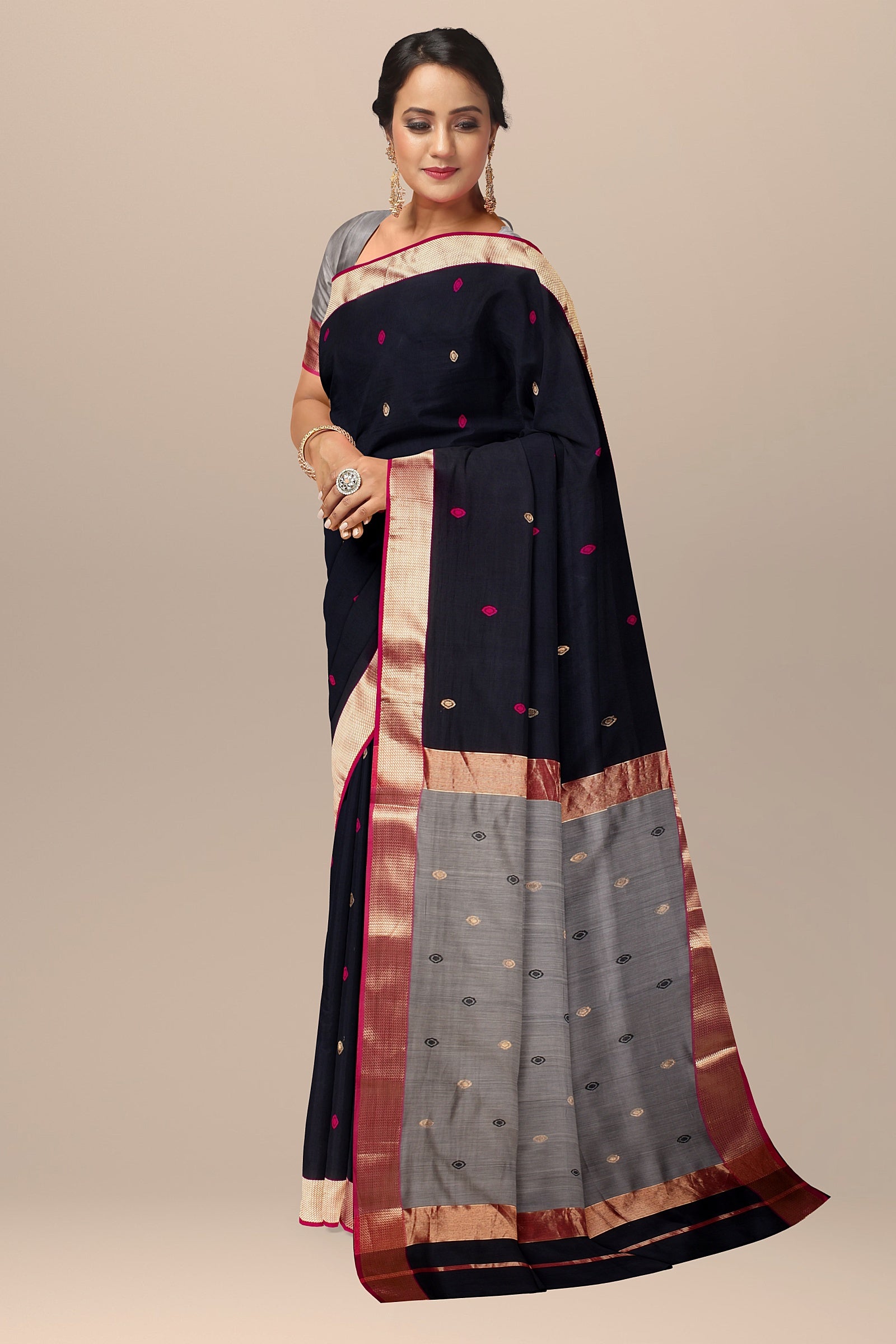 Hand Woven Black Color Traditional Diya Buti Sausar Silk Saree with Zari Border SKU-BS10055 - Bhartiya Shilp