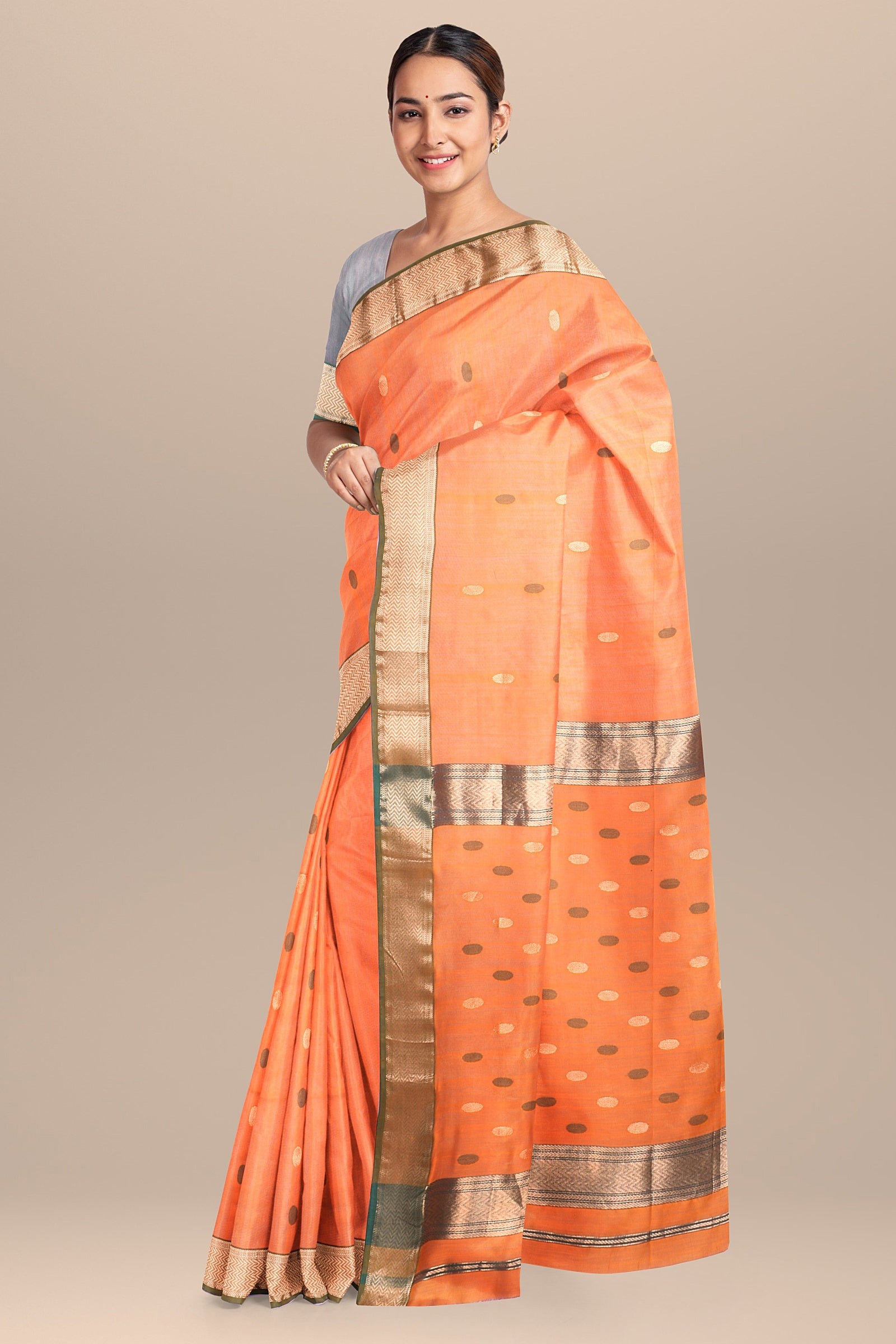 Handwoven Orange Sausar Silk Saree SKU-BS10059 - Bhartiya Shilp