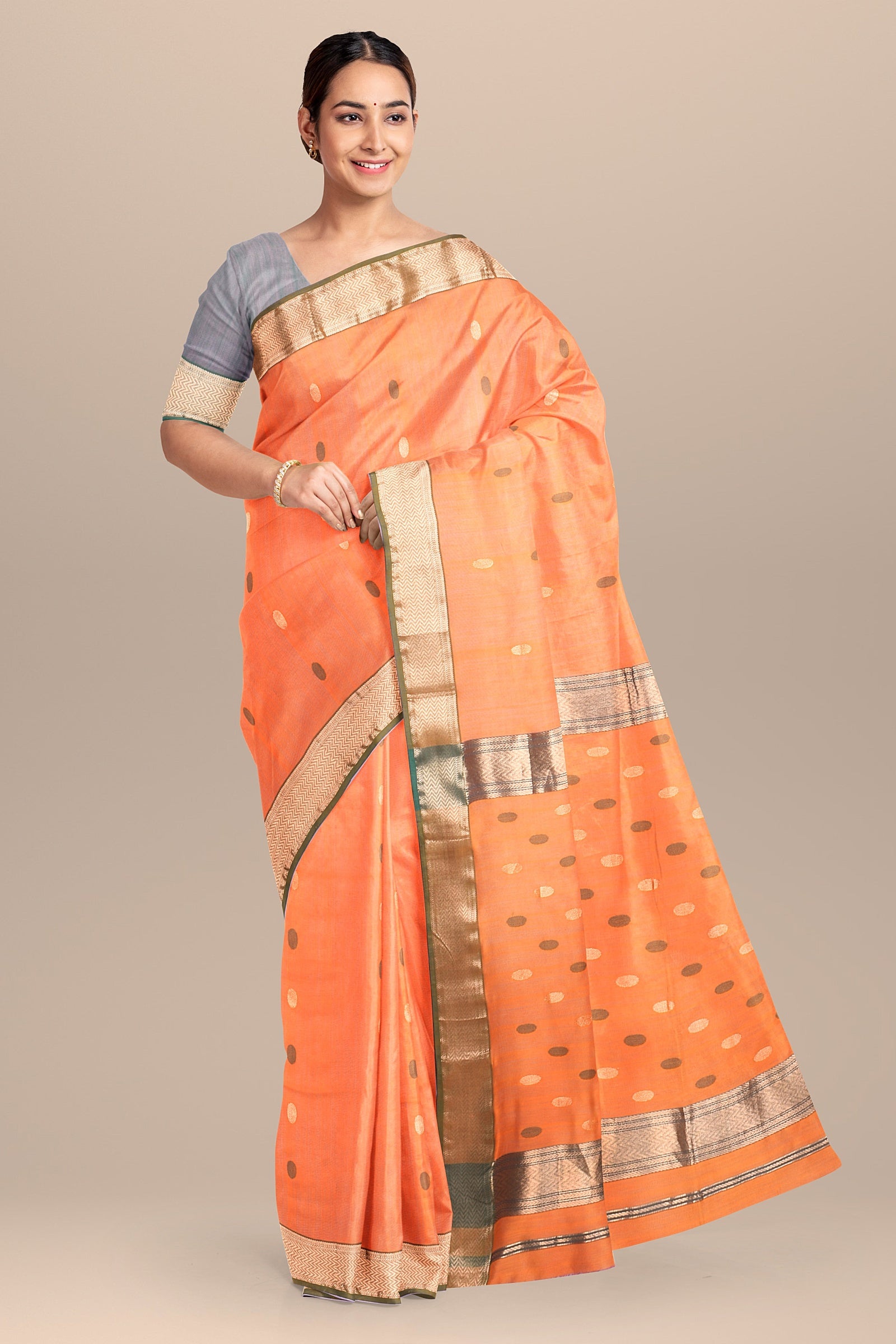 Handwoven Orange Sausar Silk Saree SKU-BS10059 - Bhartiya Shilp