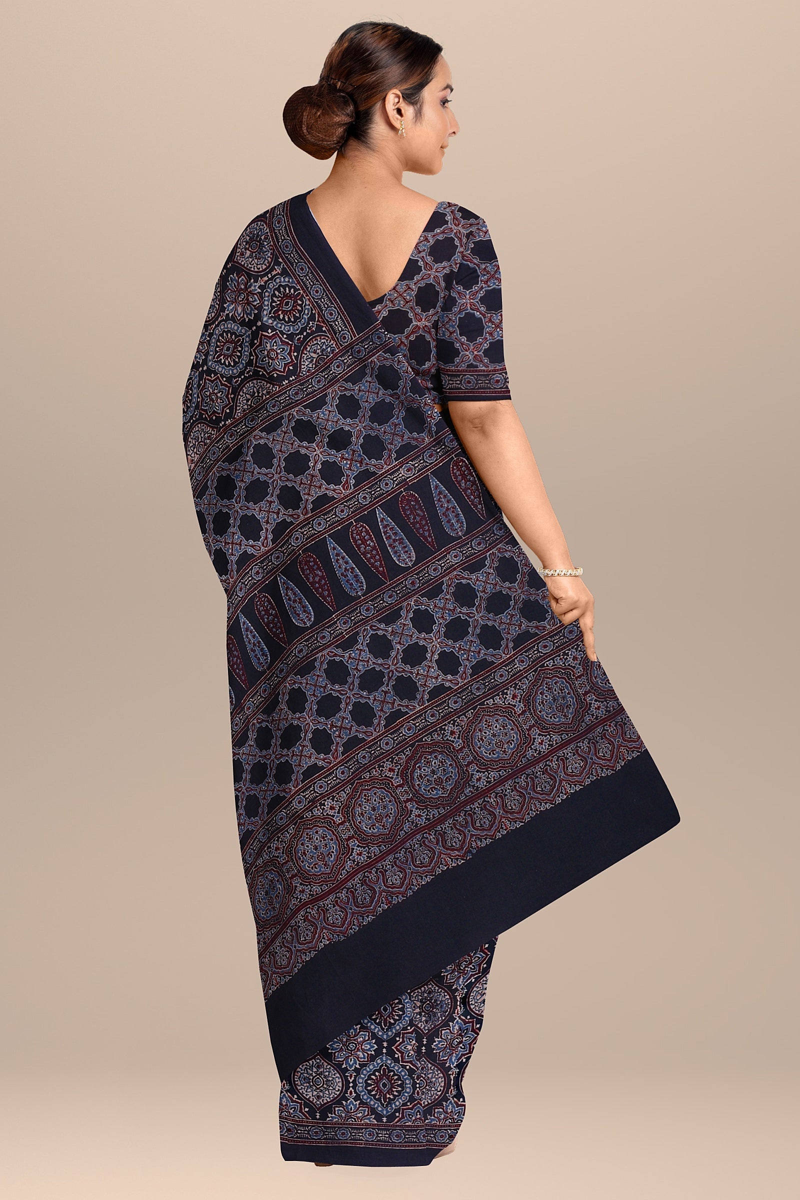 Black Color Traditional Blue and Red Floral and Geometrical Ajrakh Print Malmal Cotton Saree  SKU-BS10075 - Bhartiya Shilp