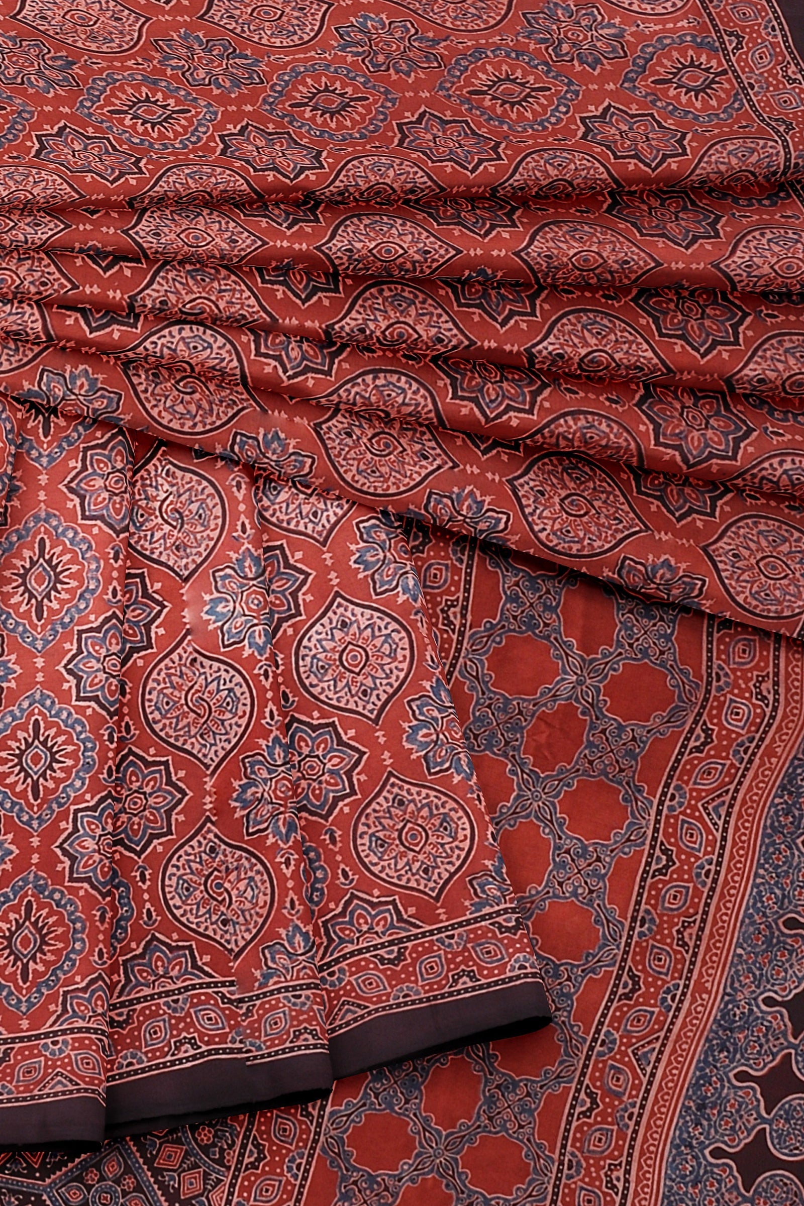 Traditional Maroon and Steel Grey with Floral and Geometrical Ajrakh Print Malmal Cotton Saree  SKU-BS10078 - Bhartiya Shilp