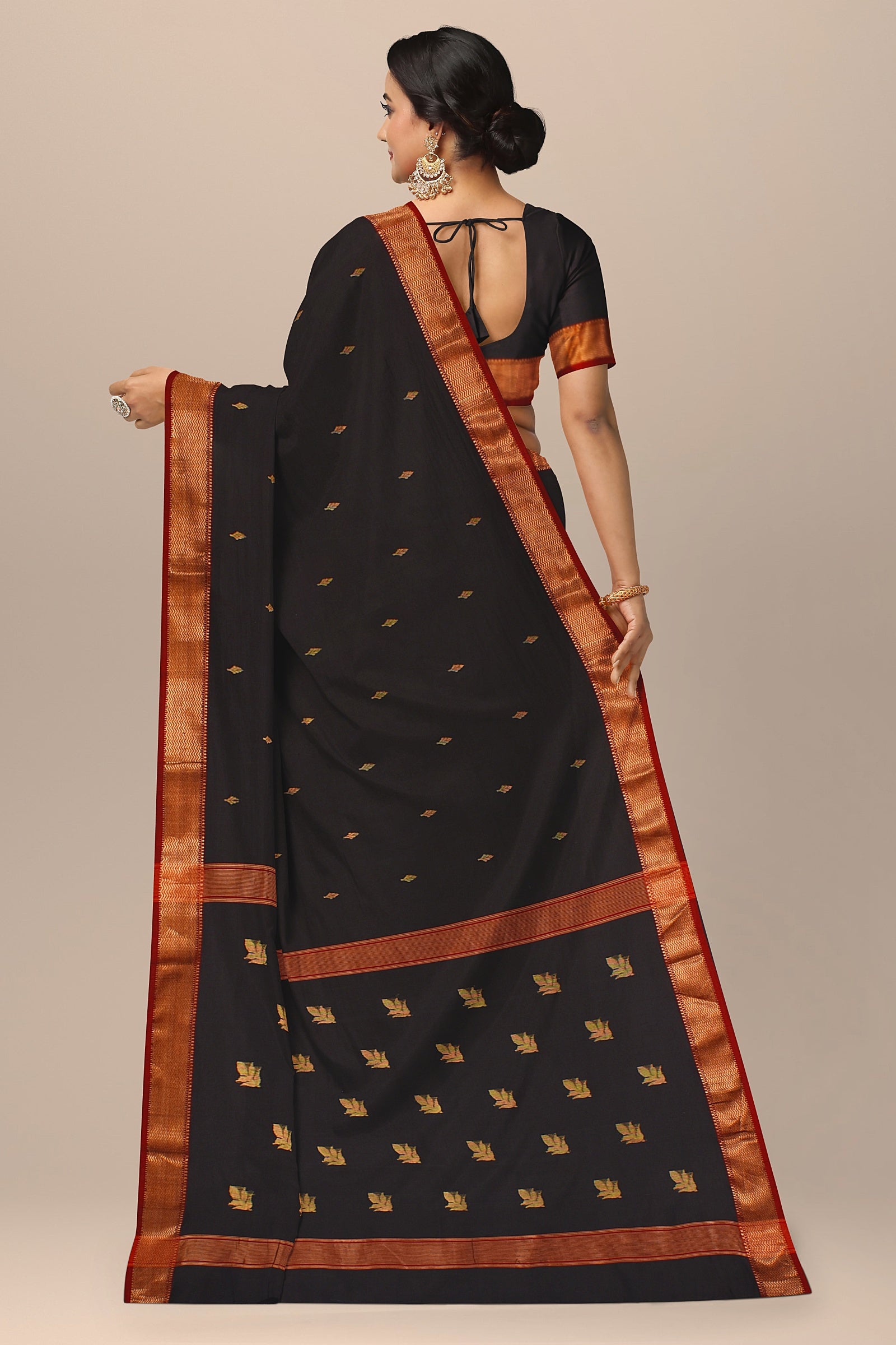Black Handwoven Sausar Silk with Zari Border and Floral Buta Saree SKU-BS10118 - Bhartiya Shilp