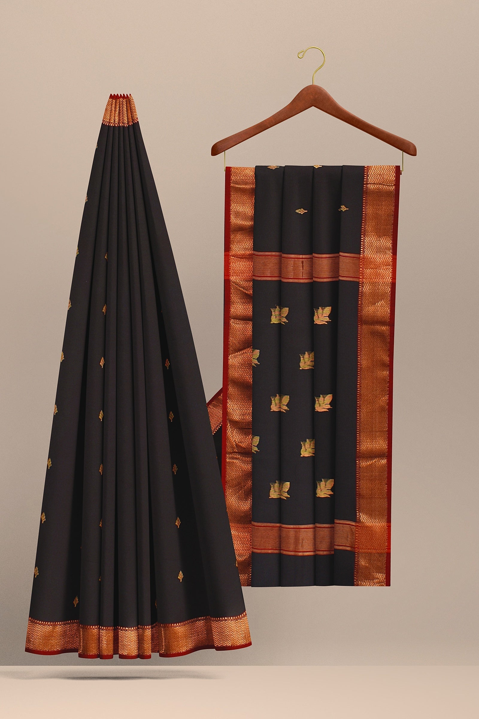 Black Handwoven Sausar Silk with Zari Border and Floral Buta Saree SKU-BS10118 - Bhartiya Shilp