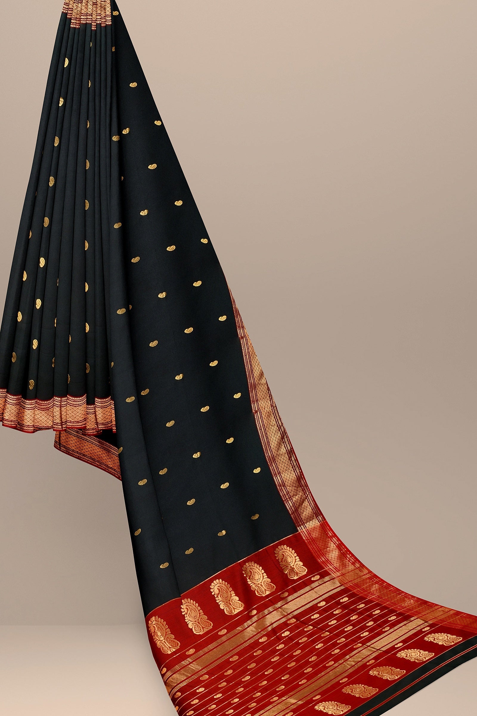 Handwoven Black Color Traditional Carry  Buti Sausar Silk Saree with Zari Border and Carry Buta Marron Palla SKU-BS10122 - Bhartiya Shilp