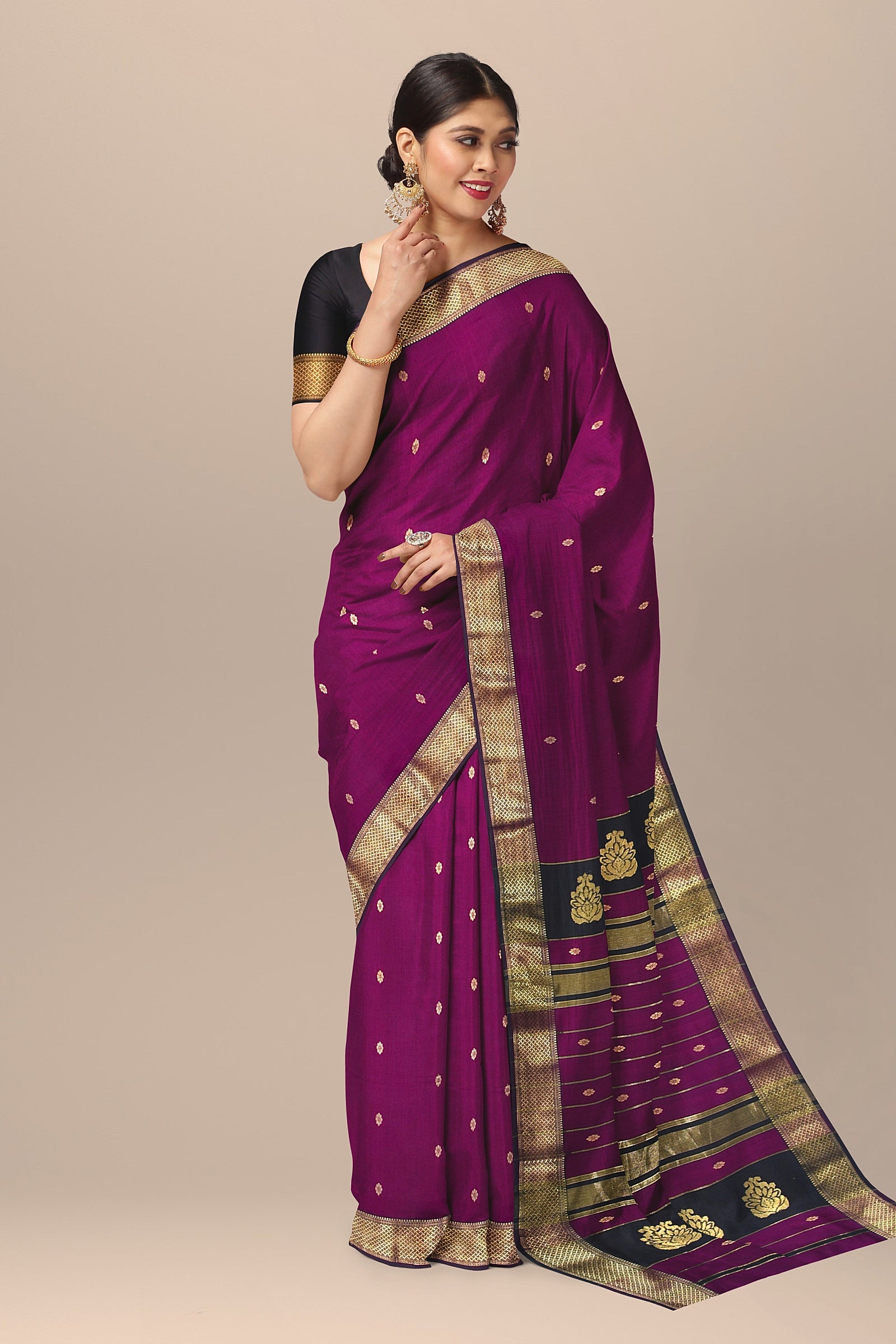 Purple Handwoven Sausar Silk with Zari Border and Black Buta Pallla SKU- BS10125 - Bhartiya Shilp