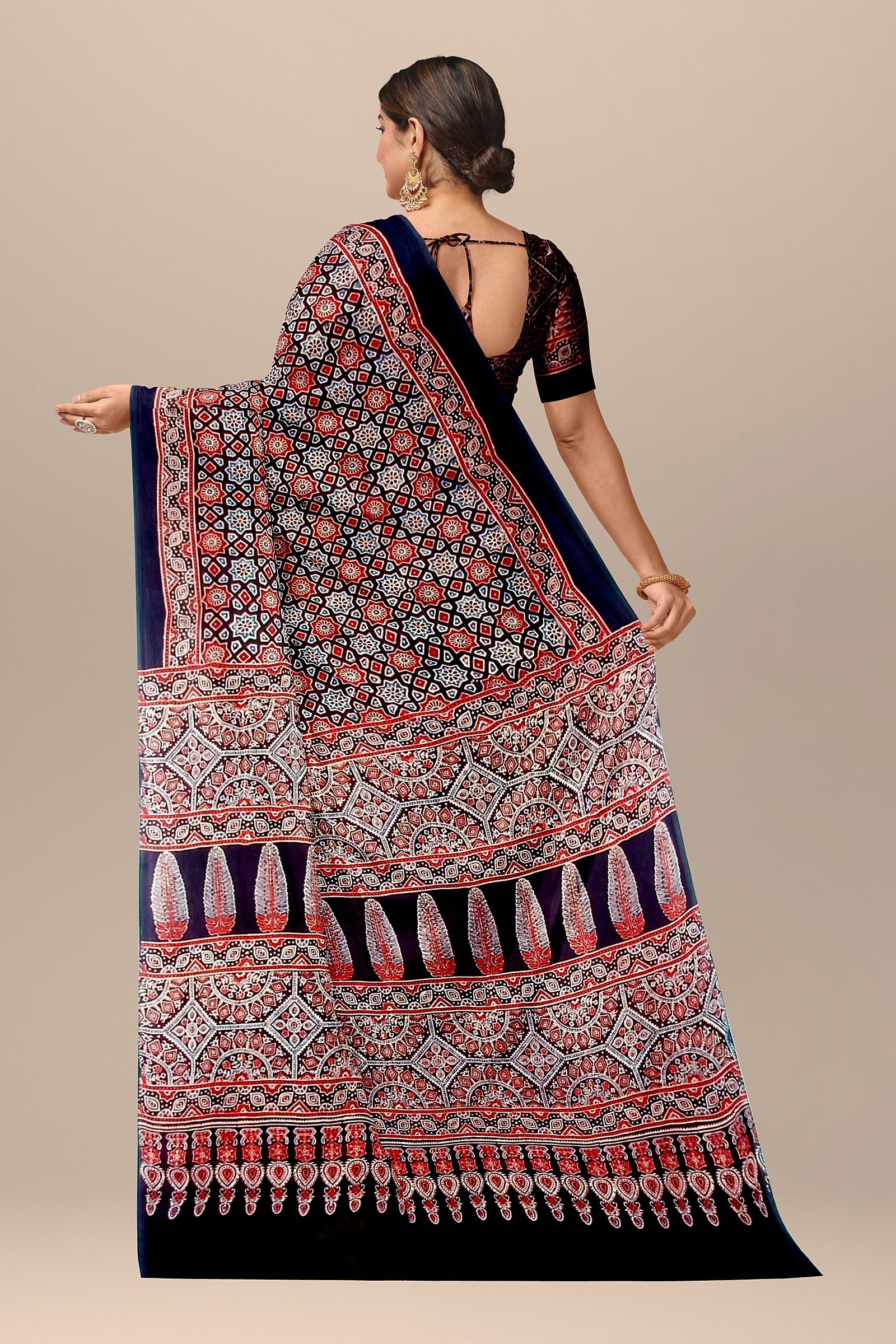 Traditional Ajrakh Hand Block Printed Black Color Modal Silk Saree with Blue and Red Floral and Geometrical Print   SKU-BS10146 - Bhartiya Shilp