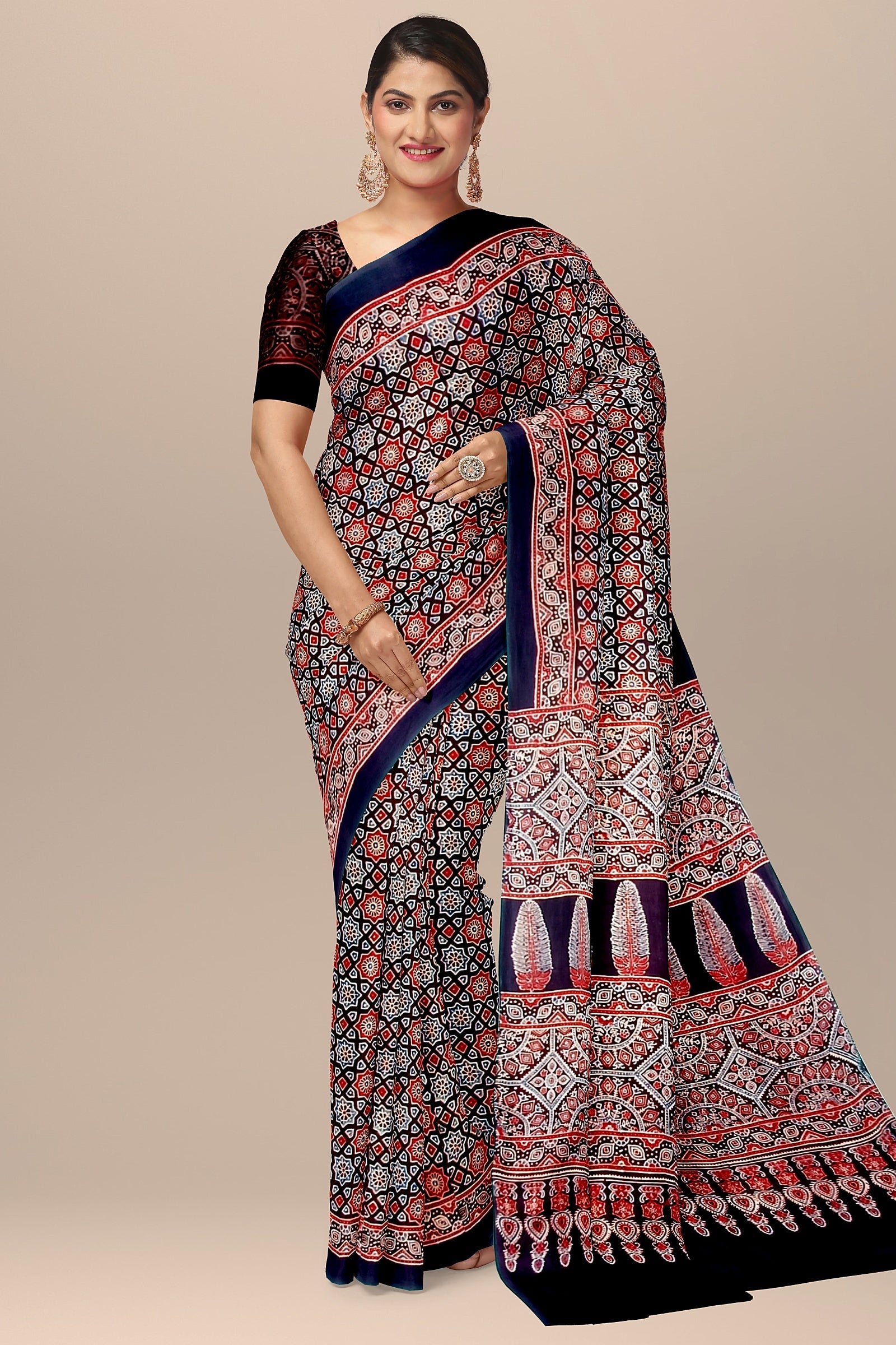 Traditional Ajrakh Hand Block Printed Black Color Modal Silk Saree with Blue and Red Floral and Geometrical Print   SKU-BS10146 - Bhartiya Shilp