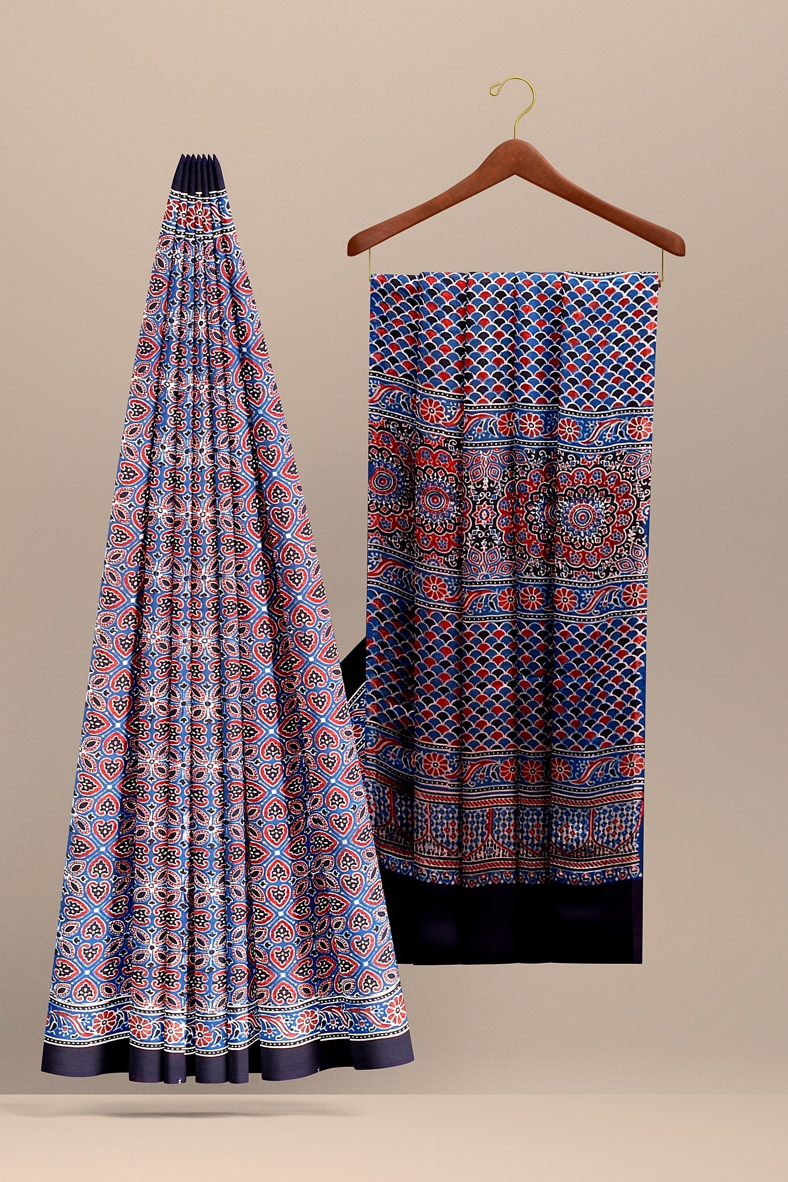 Traditional Ajrakh Hand Block Printed Black Color Modal Silk Saree with Blue and Red Floral and Geometrical Print   SKU-BS10147 - Bhartiya Shilp