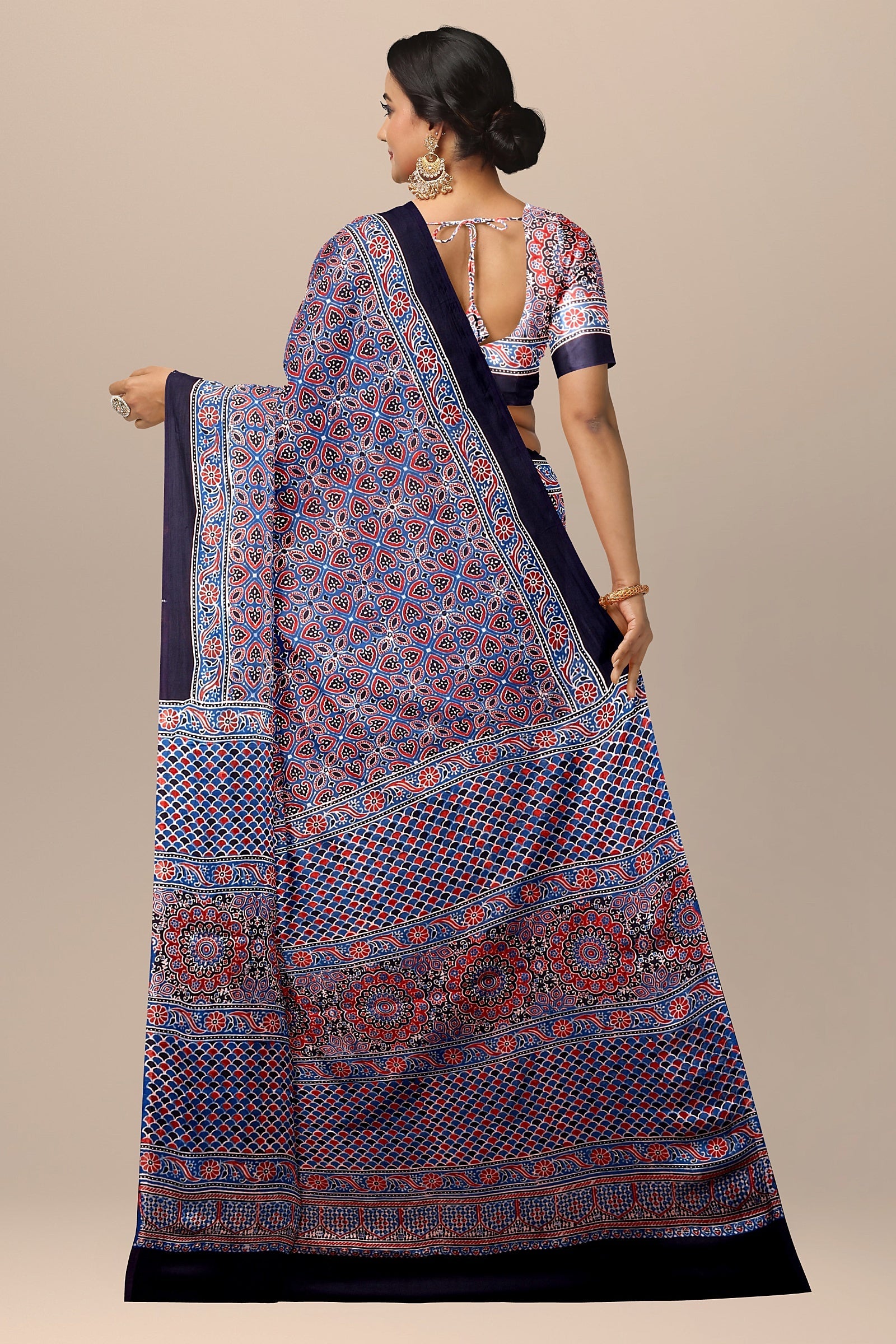 Traditional Ajrakh Hand Block Printed Black Color Modal Silk Saree with Blue and Red Floral and Geometrical Print   SKU-BS10147 - Bhartiya Shilp