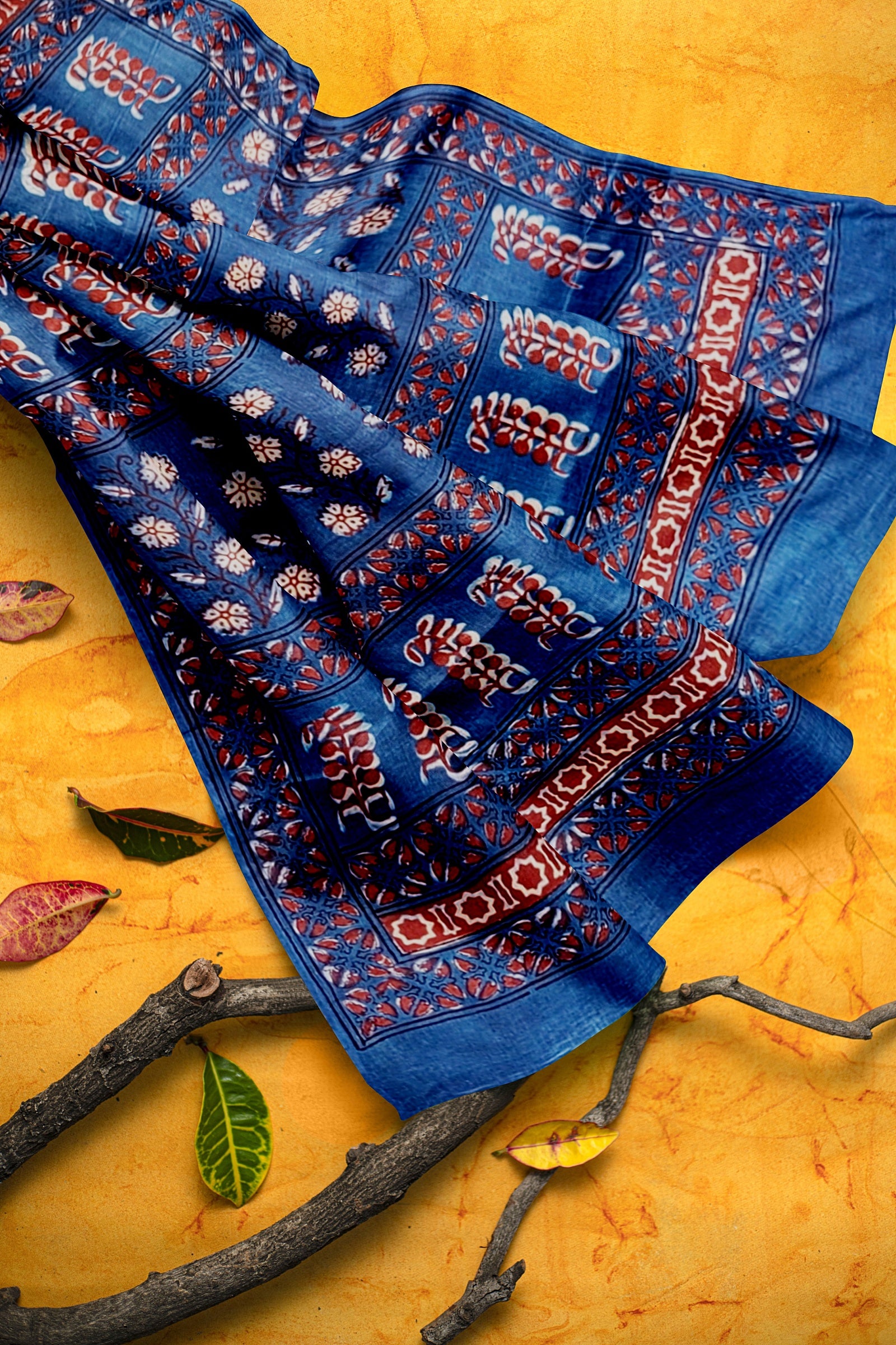 Indigo Floral Pattern Hand Block Print Daboo Malmal Cotton Saree SKU-BS10170 - Bhartiya Shilp