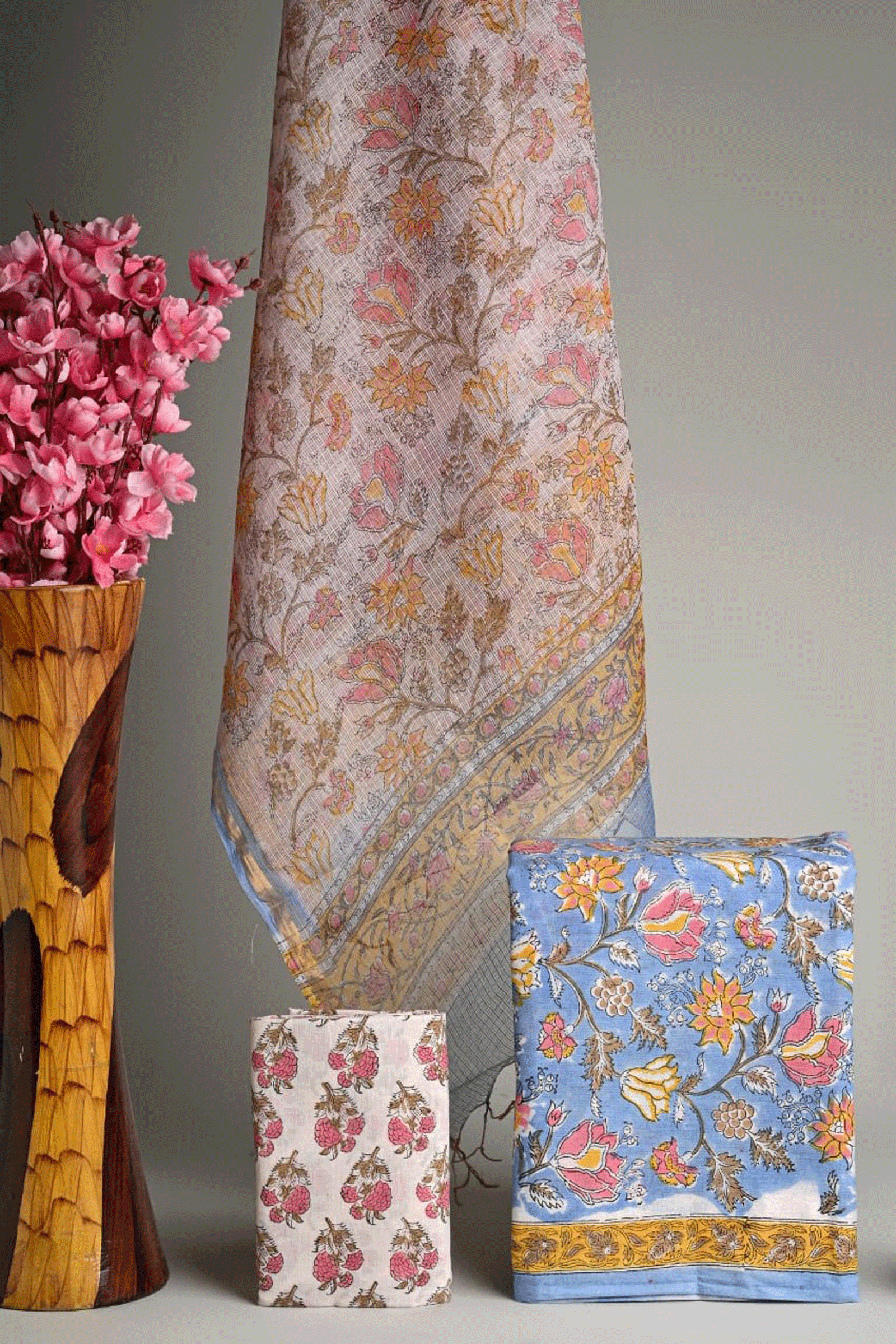 Bagru Hand block printed Floral Cotton Kurti Set with Kota Doria Dupatta SKU - BS30006 - Bhartiya Shilp