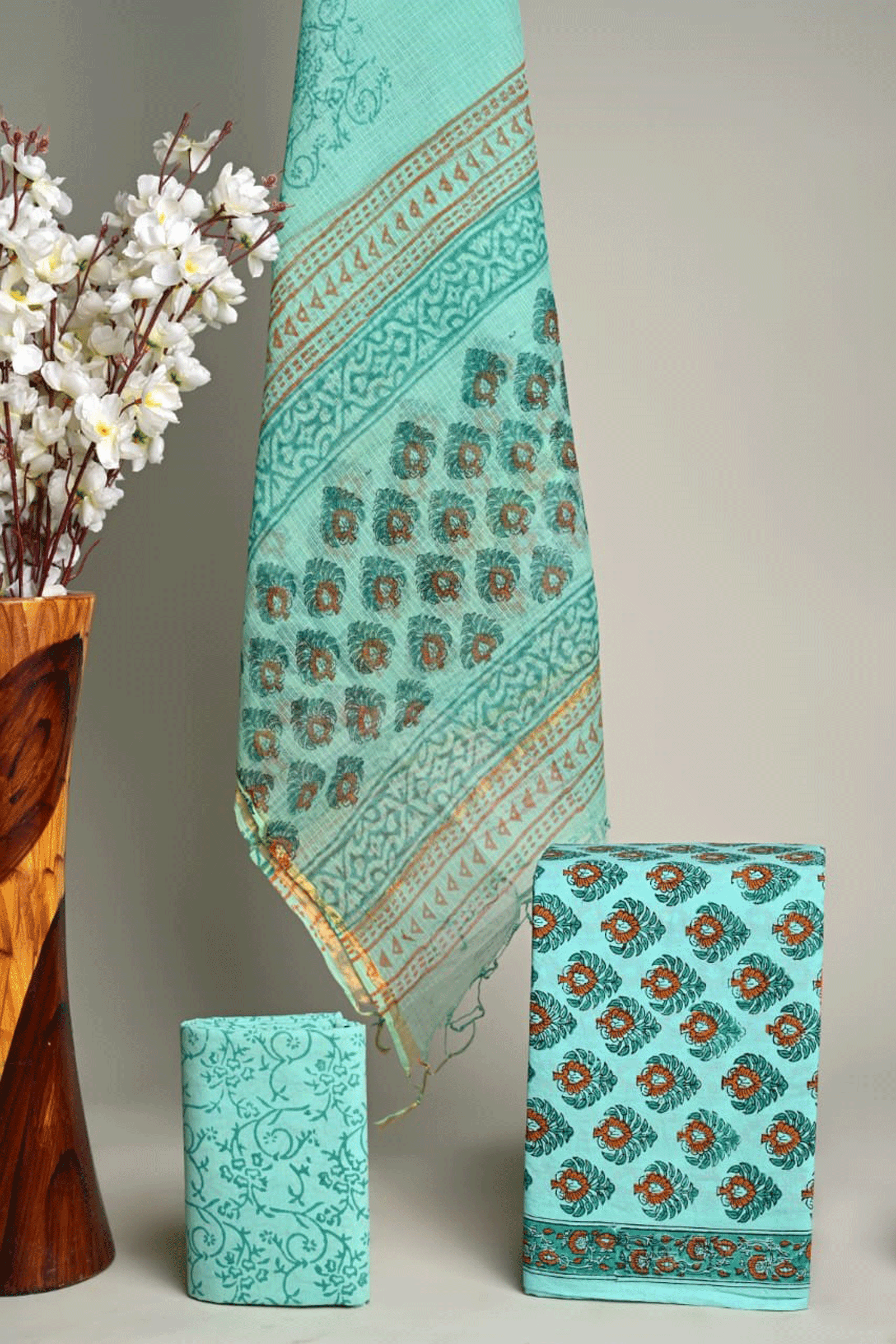 Bagru Hand block printed Floral Cotton Kurti Set with Kota Doria Dupatta SKU - BS30007 - Bhartiya Shilp