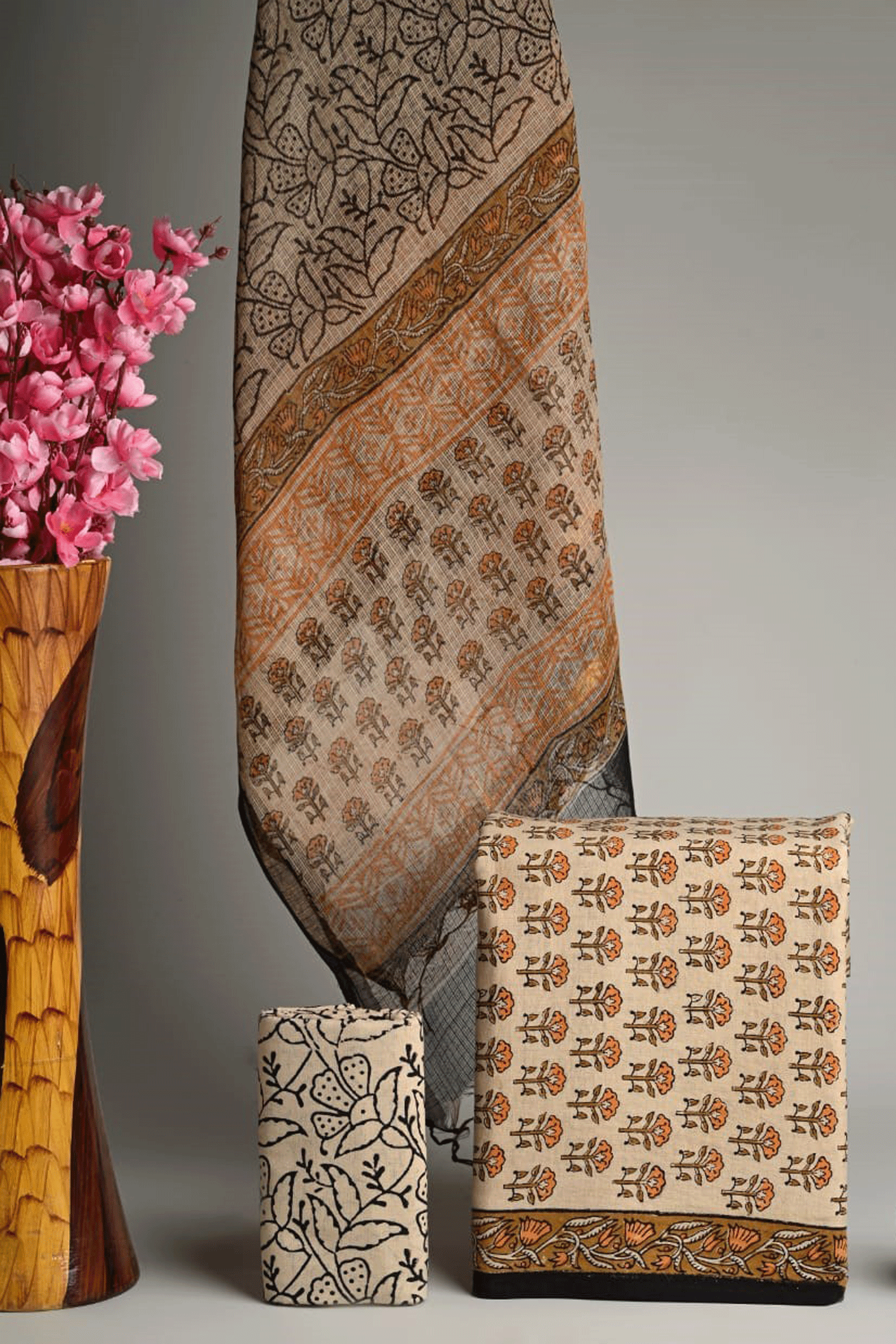 Bagru Hand block printed Floral Cotton Kurti Set with Kota Doria Dupatta SKU - BS30008 - Bhartiya Shilp