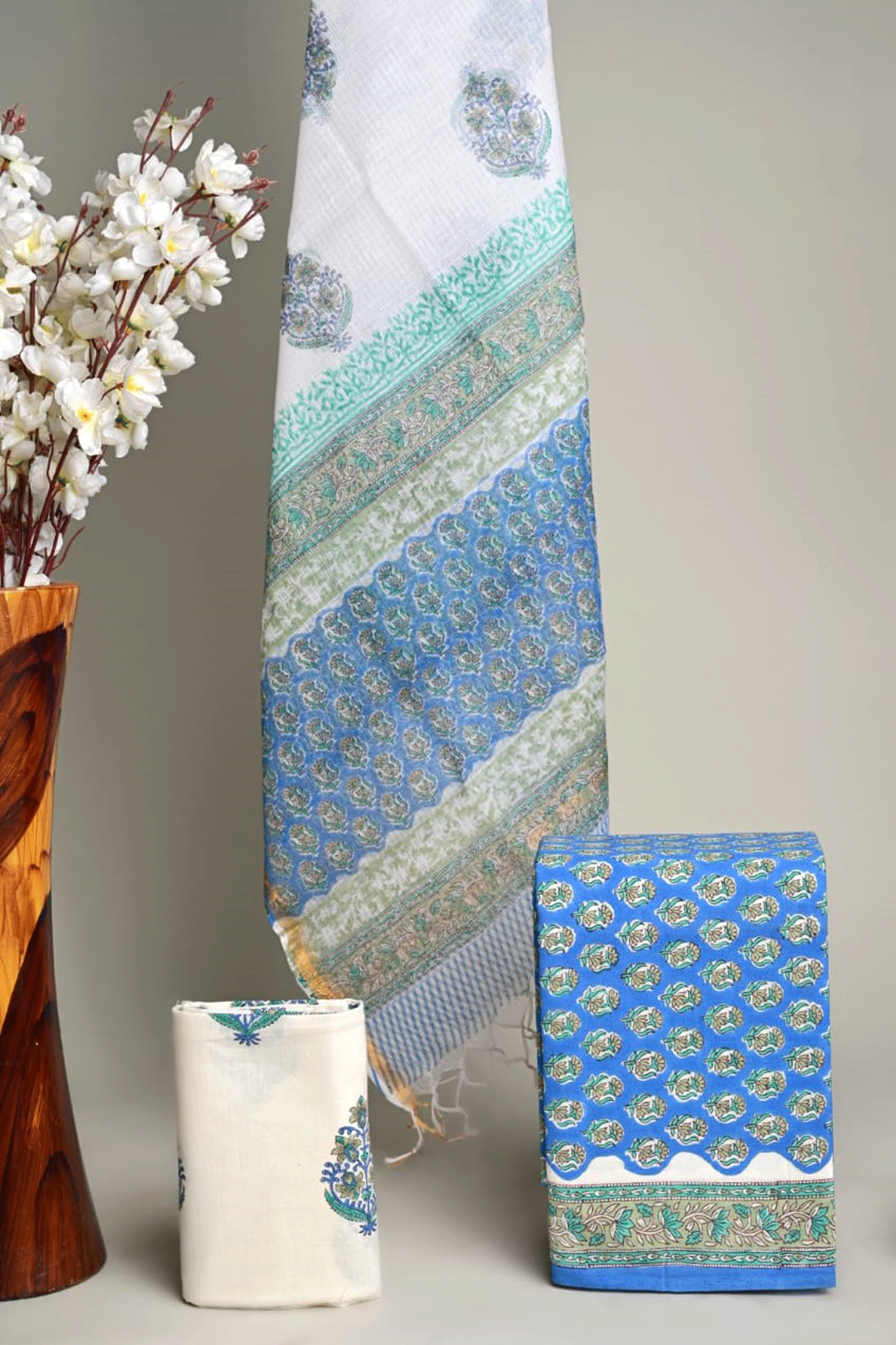 Bagru Hand block printed Floral Cotton Kurti Set with Kota Doria Dupatta SKU - BS30009 - Bhartiya Shilp