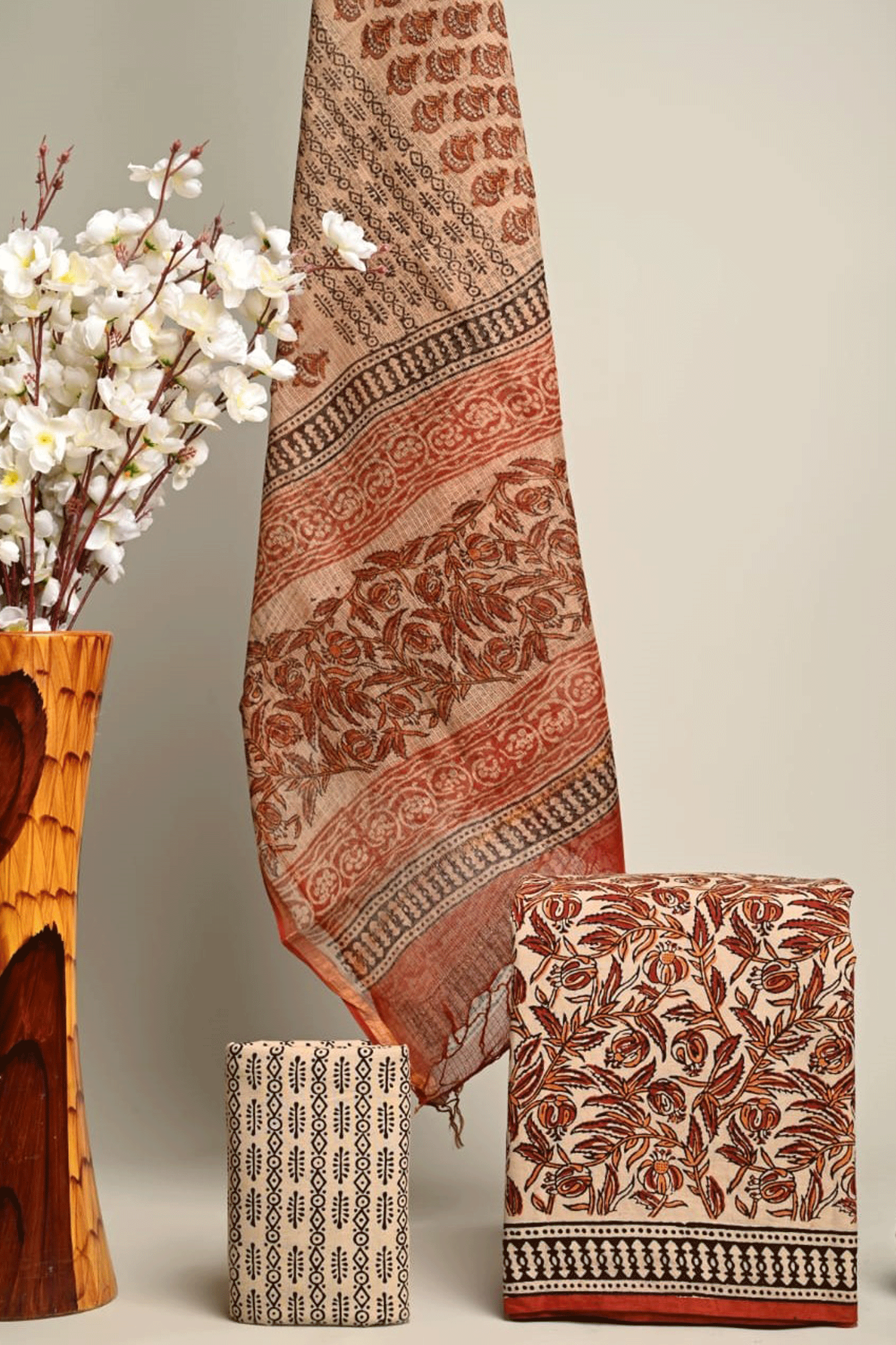Bagru Hand block printed Floral Cotton Kurti Set with Kota Doria Dupatta SKU - BS30010 - Bhartiya Shilp