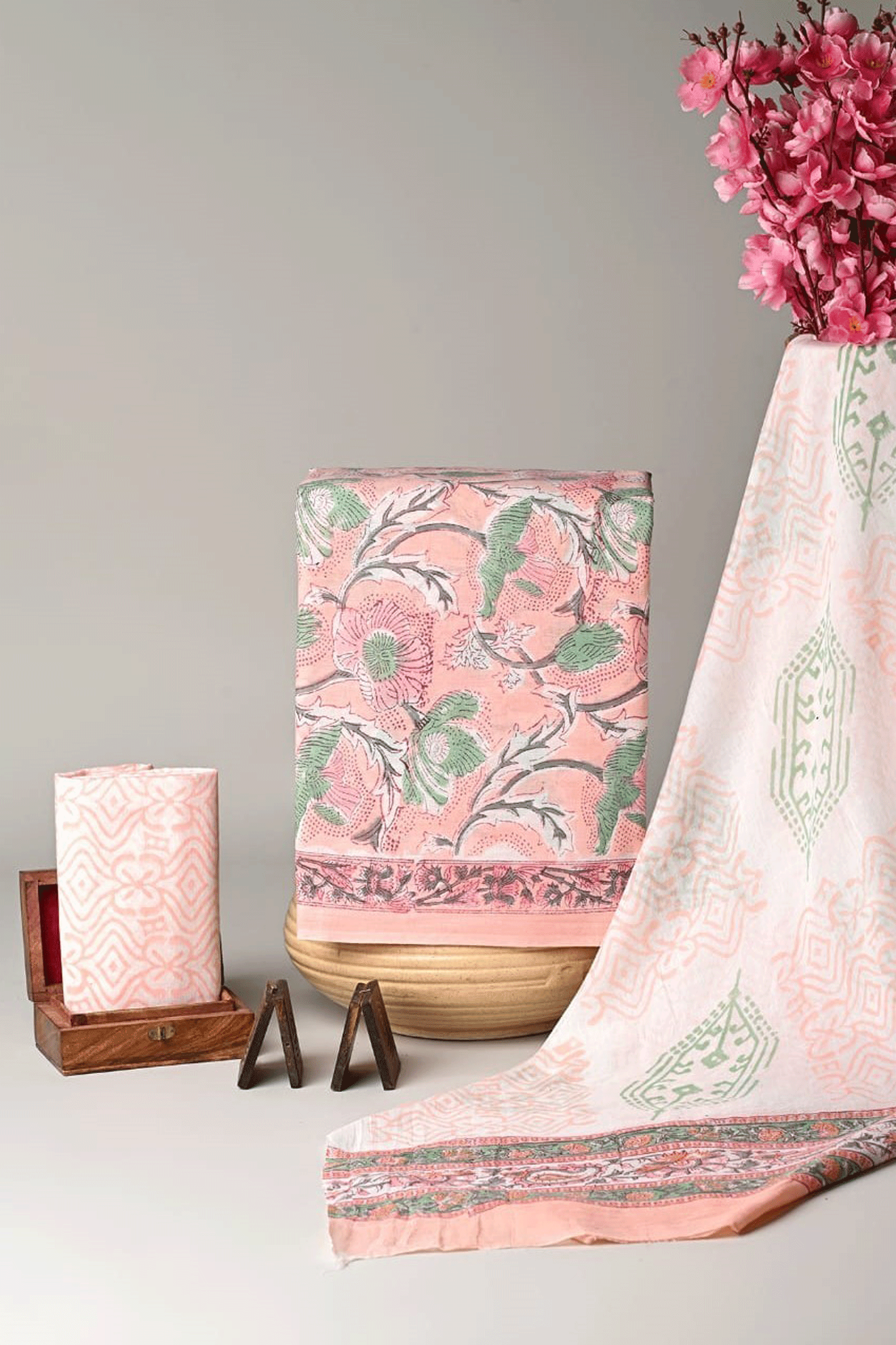 Bagru Hand block printed Floral Cotton Kurti Set with Malmal Cotton Dupatta SKU - BS40001 - Bhartiya Shilp