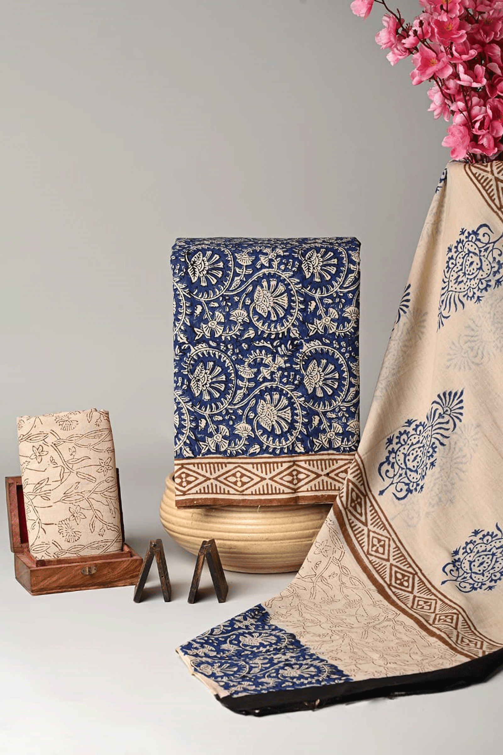 Bagru Hand block printed Floral Cotton Kurti Set with Malmal Cotton Dupatta SKU - BS40009 - Bhartiya Shilp
