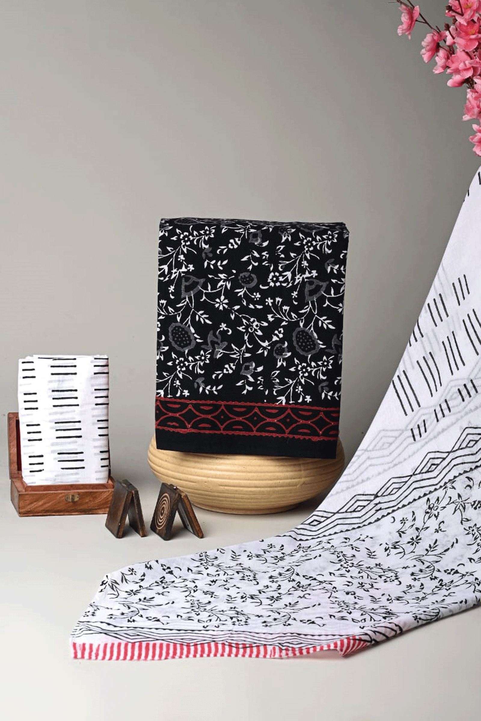 Bagru Hand block printed Black and White Floral Cotton Kurti Set with Malmal Cotton Dupatta SKU - BS40010 - Bhartiya Shilp