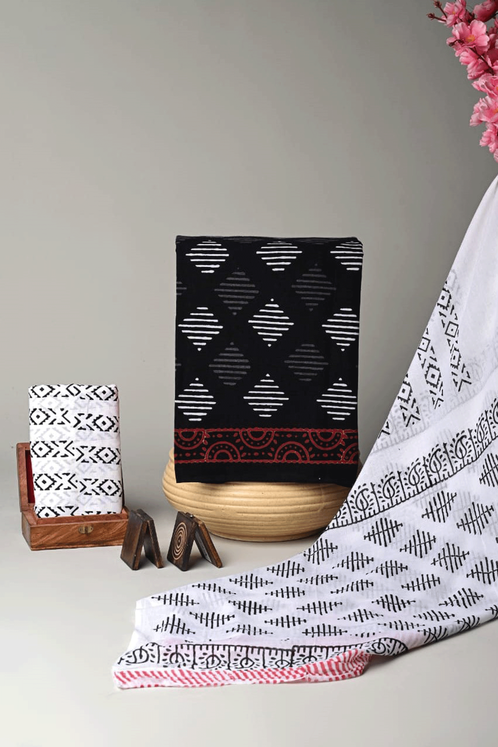 Bagru Hand Block Printed Black and White Floral Cotton Kurti Set with Malmal Cotton Dupatta SKU - BS40012 - Bhartiya Shilp