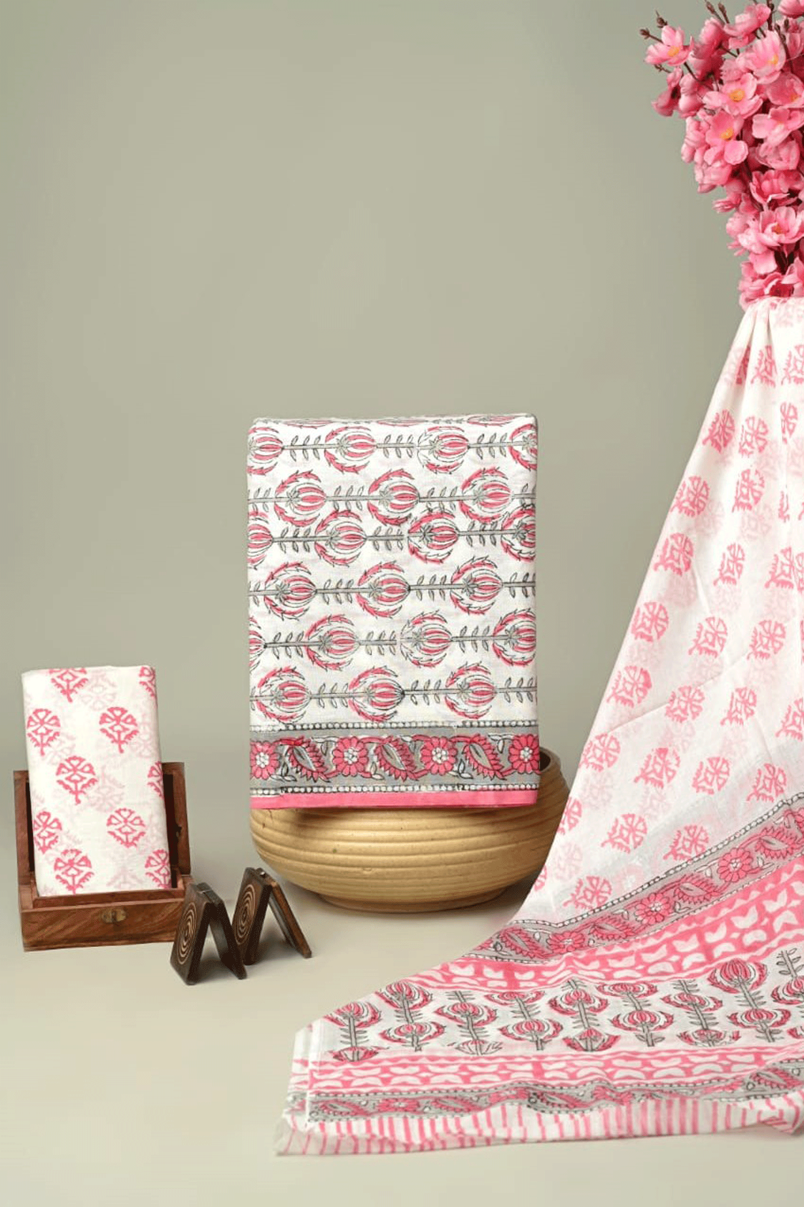 Bagru Hand Block Printed Pink and Grey Floral Cotton Kurti Set with Malmal Cotton Dupatta SKU - BS40027 - Bhartiya Shilp