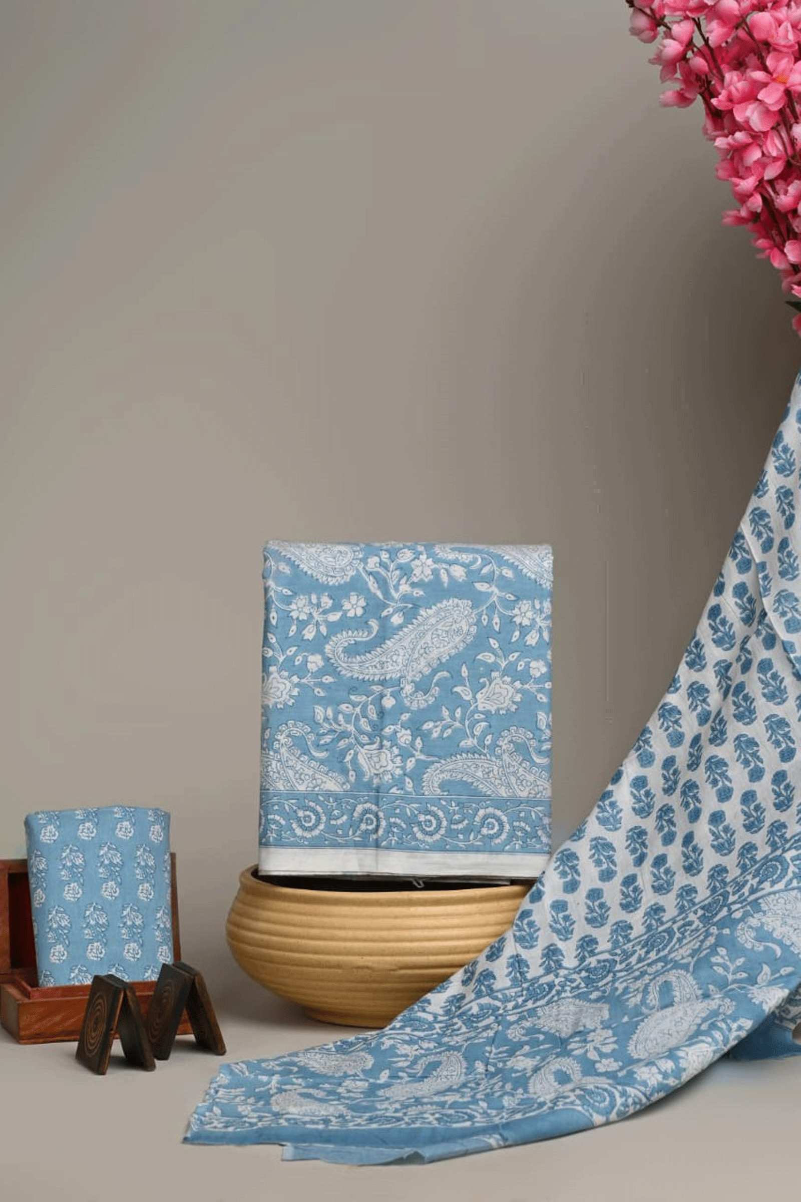 Bagru Hand Block Printed White and Light Blue Floral Cotton Kurti Set with Malmal Cotton Dupatta SKU - BS40028 - Bhartiya Shilp