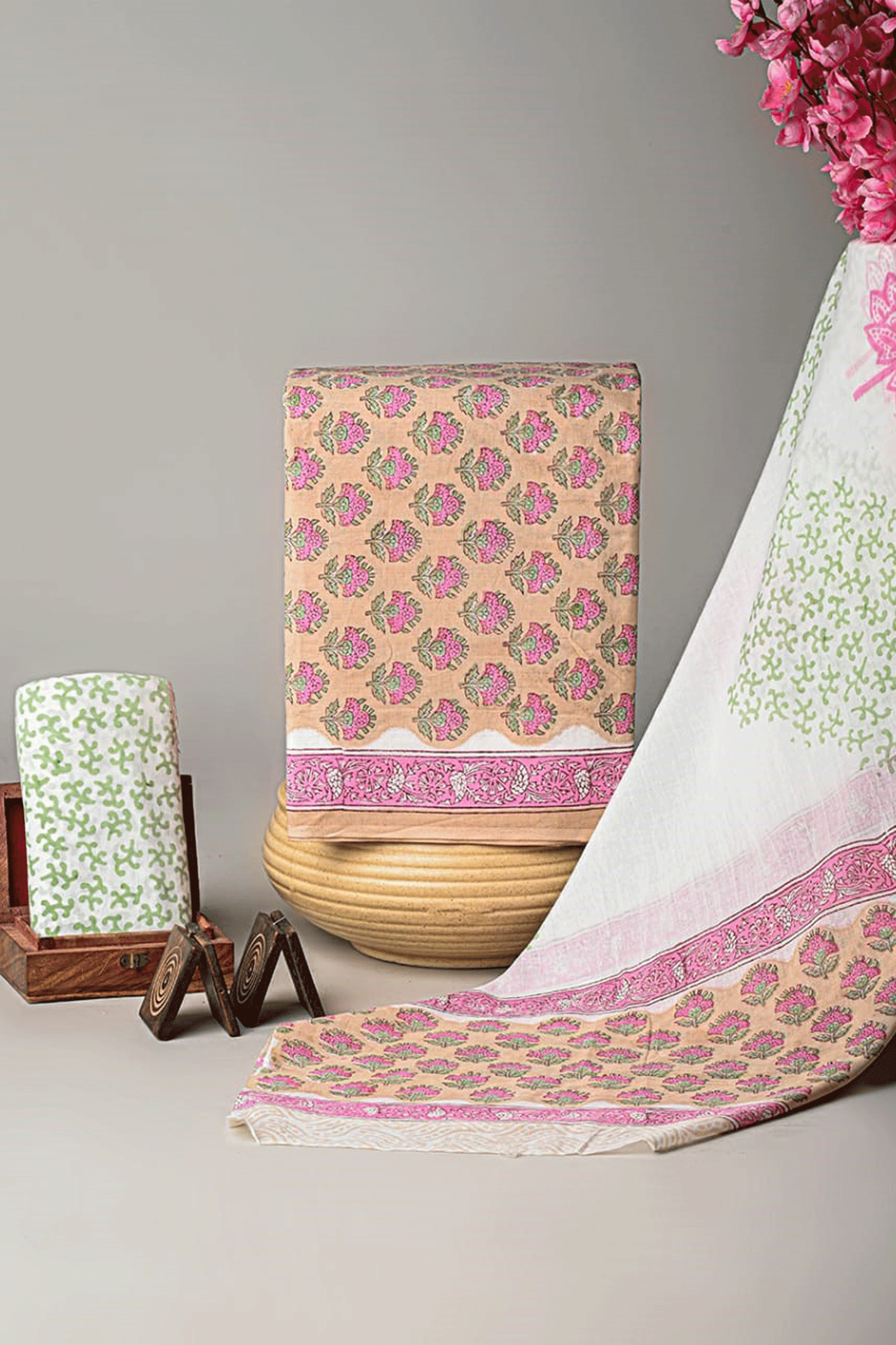 Bagru Hand Block Printed Multicolor Floral Cotton Kurti Set with Malmal Cotton Dupatta SKU - BS40029 - Bhartiya Shilp