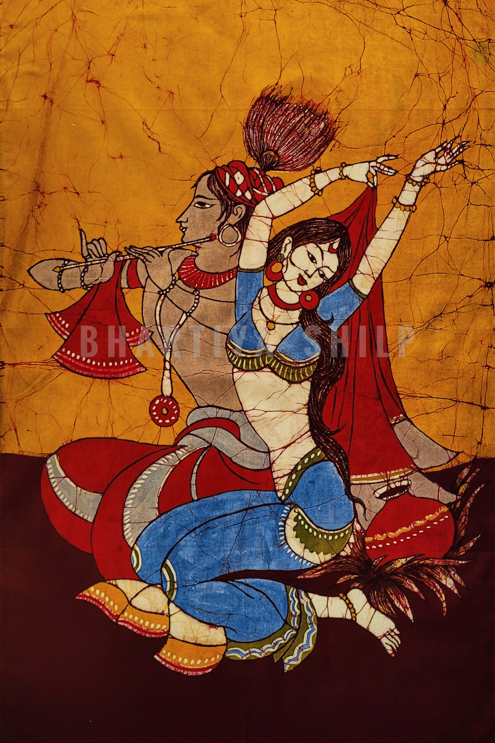 Handcrafted Shree Radha Krishna Batik Painting on Cloth 32 inches by 18.5 inches SKU-BS90002 - Bhartiya Shilp