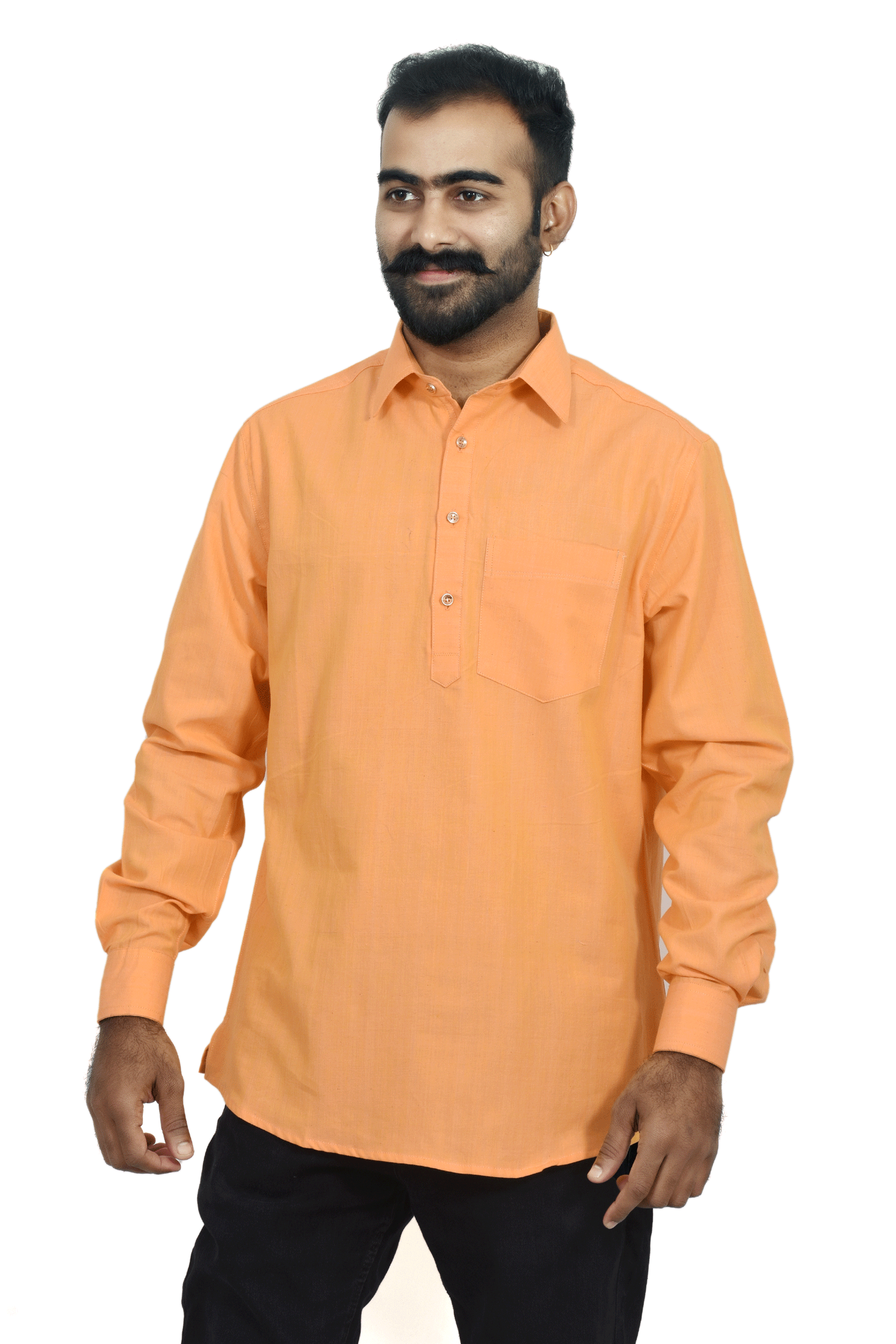 Apricot Orange Handloom Cotton Short Kurta For Men SKU-AS20010 - Bhartiya Shilp
