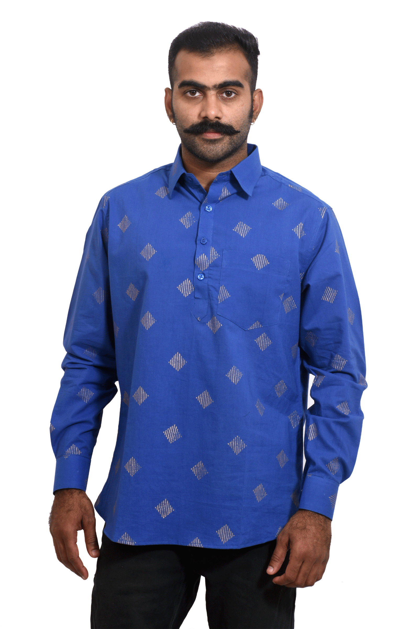 Azure Blue Geometrical Motif Hand Block Print Cotton Short Kurta SKU-AS20014 - Bhartiya Shilp