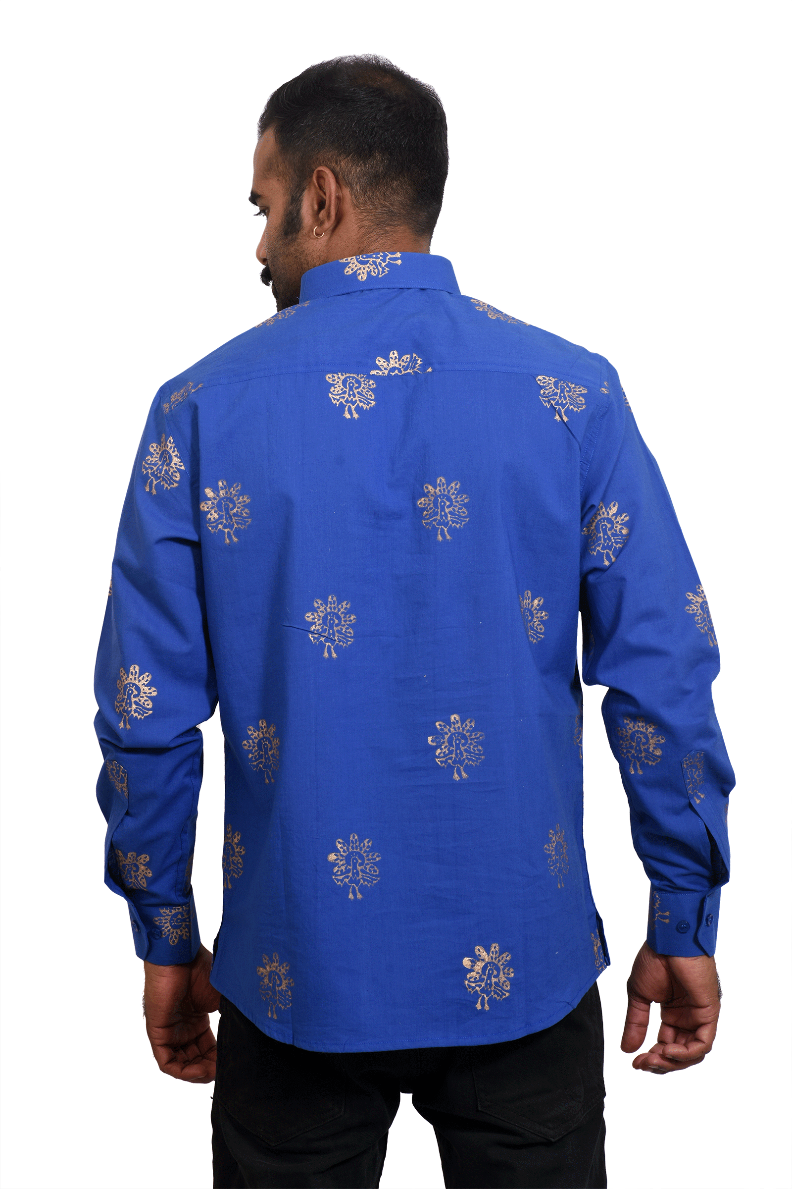 Azure Blue Peacock Motif Hand Block Print Cotton Short Kurta SKU-AS20015 - Bhartiya Shilp