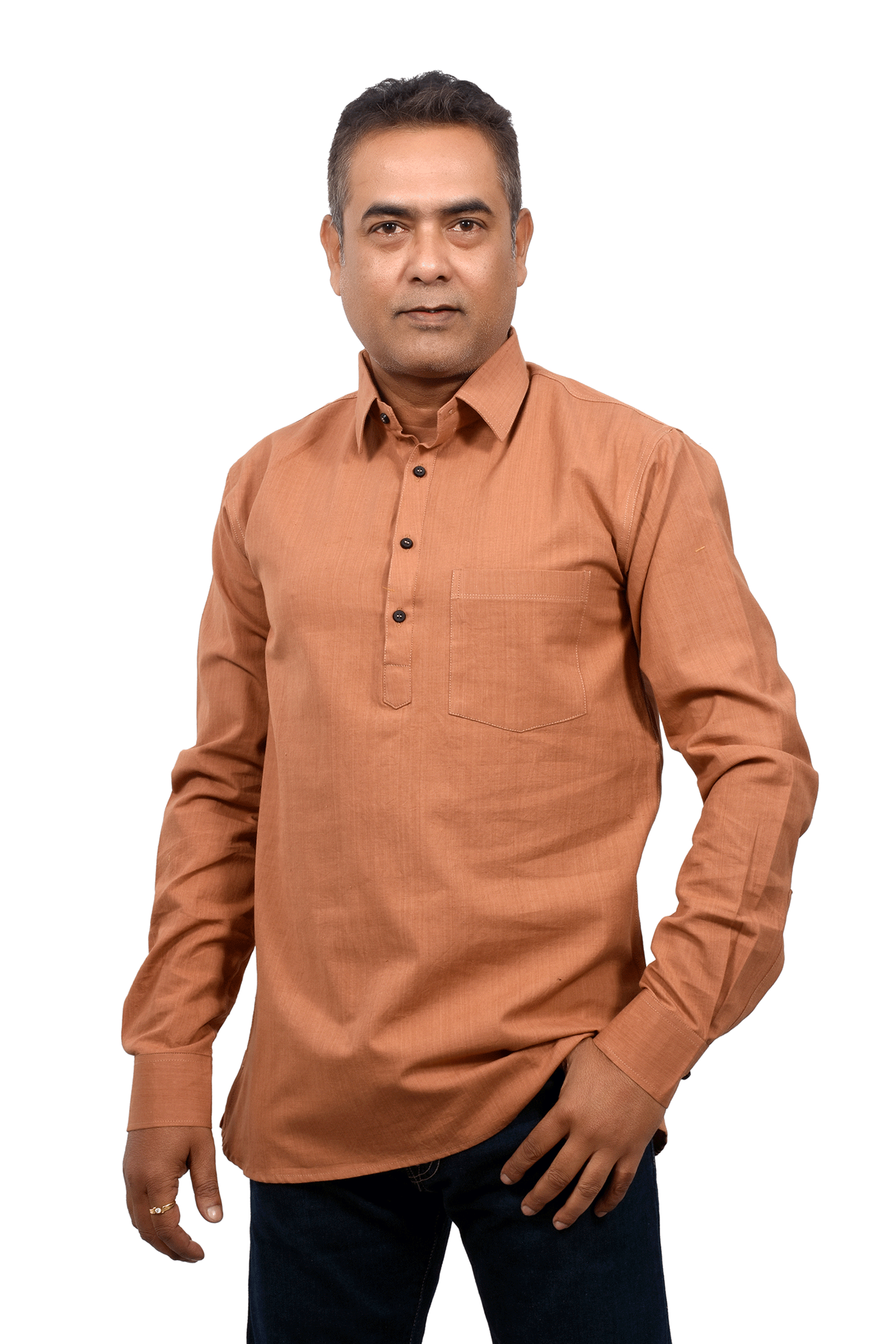 Caramel Brown Handloom Cotton Short Kurta SKU-AS20029 - Bhartiya Shilp