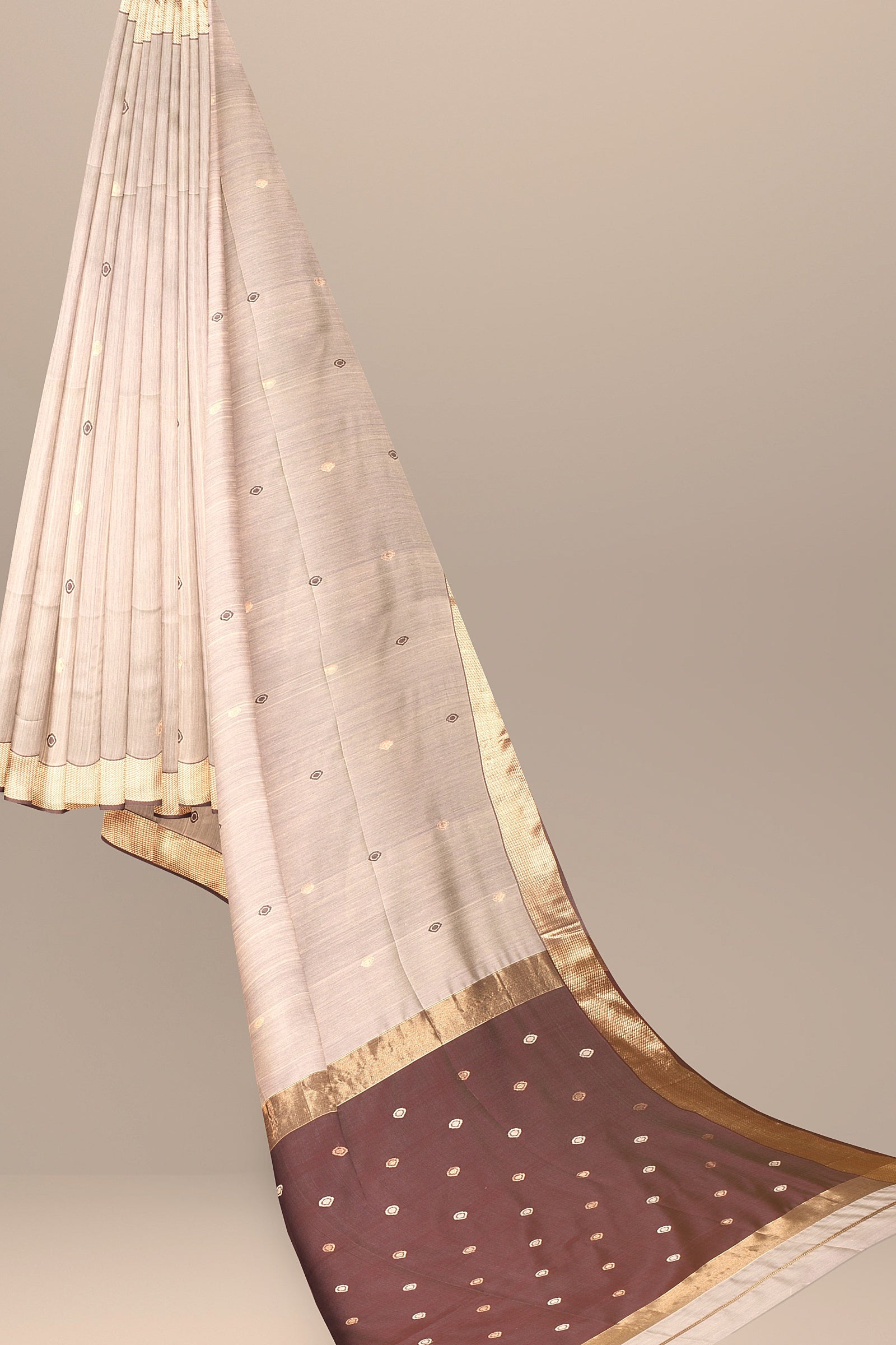 Hand Woven Beige Color Traditional Diya Buti Sausar Silk with Zari Border Saree SKU-BS10056 - Bhartiya Shilp