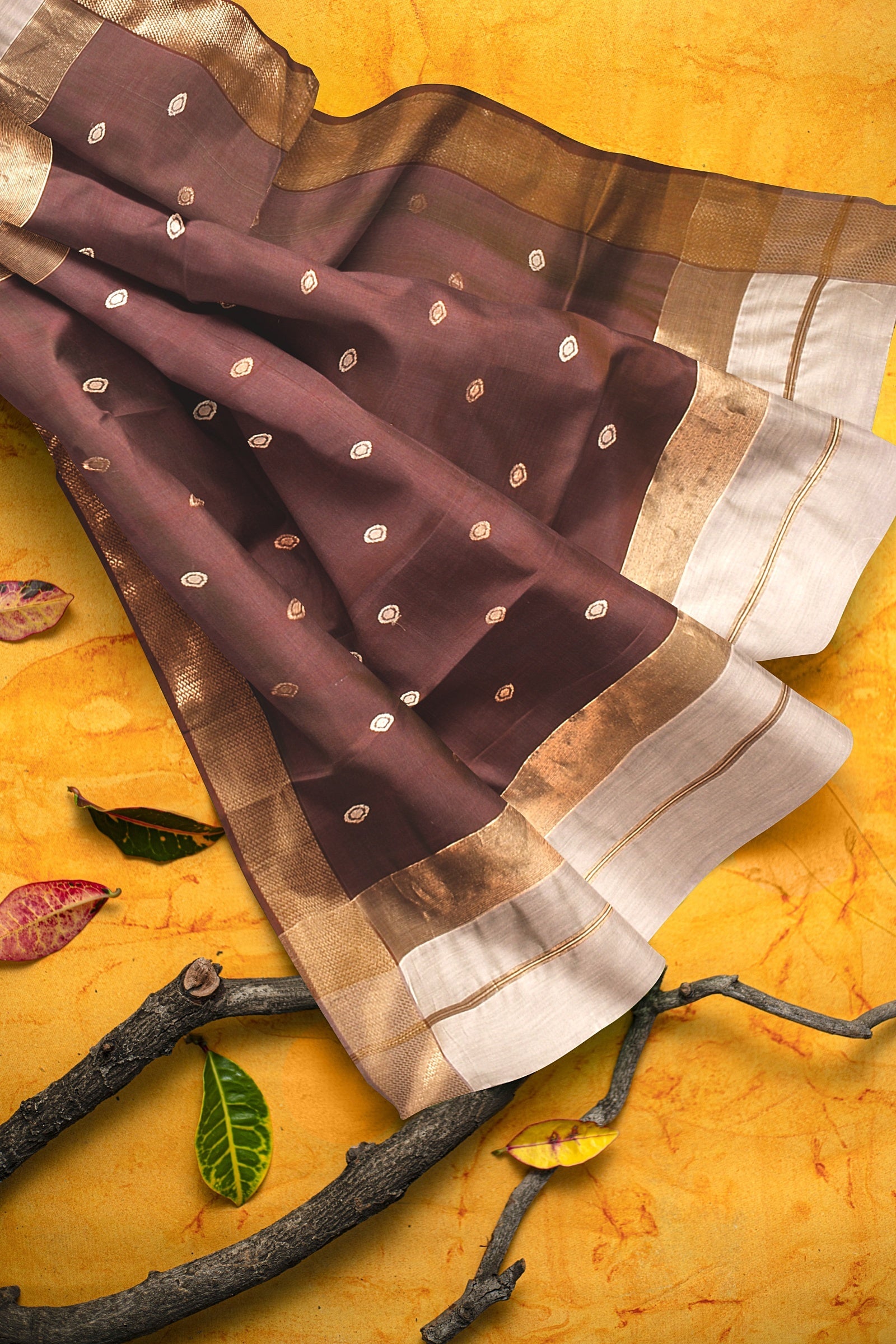 Hand Woven Beige Color Traditional Diya Buti Sausar Silk with Zari Border Saree SKU-BS10056 - Bhartiya Shilp