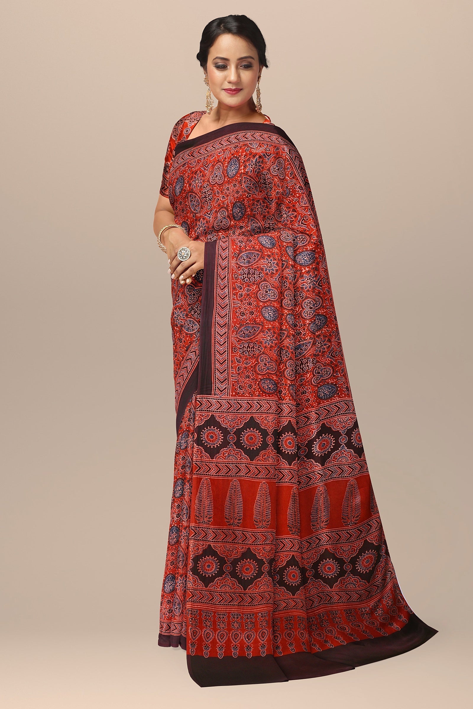 Black Color Traditional Blue and Red Floral and Geometrical Ajrakh Print Modal Silk Saree  SKU-BS10071 - Bhartiya Shilp