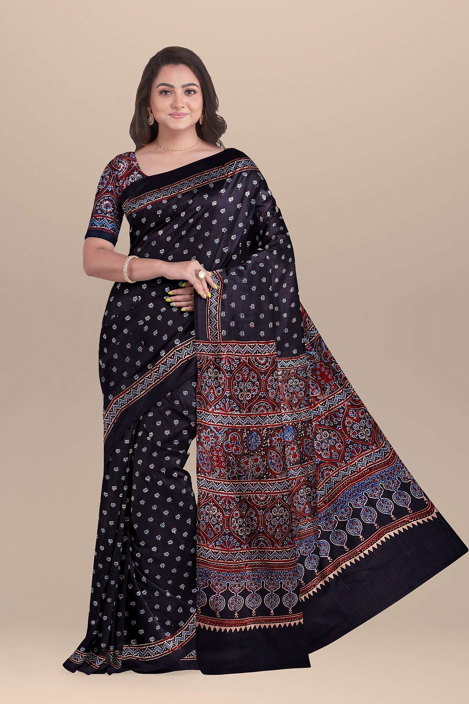 Black Color Traditional Blue and Red Floral and Geometrical Ajrakh Print Modal Silk Saree  SKU-BS10072 - Bhartiya Shilp