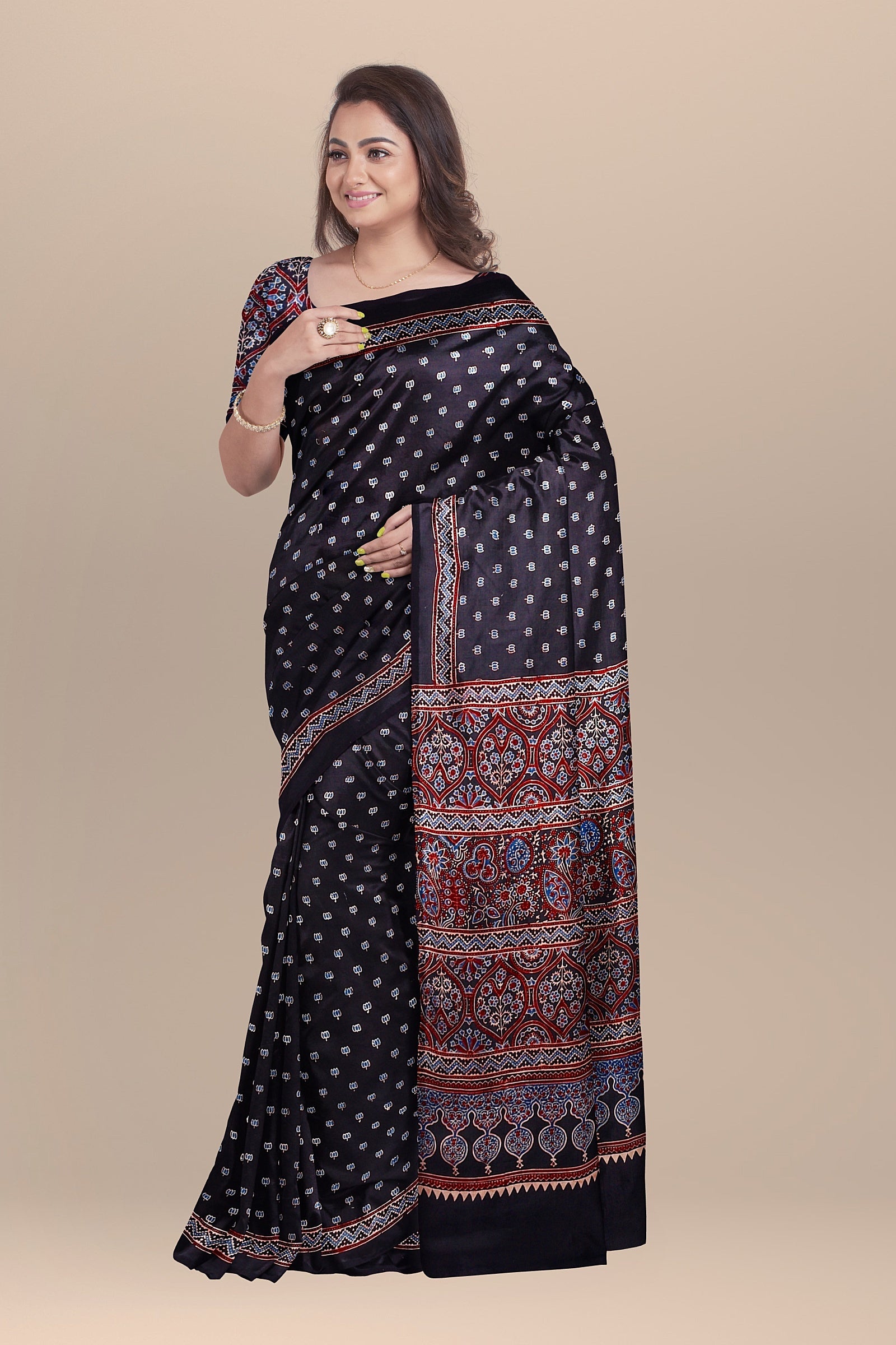 Black Color Traditional Blue and Red Floral and Geometrical Ajrakh Print Modal Silk Saree  SKU-BS10072 - Bhartiya Shilp
