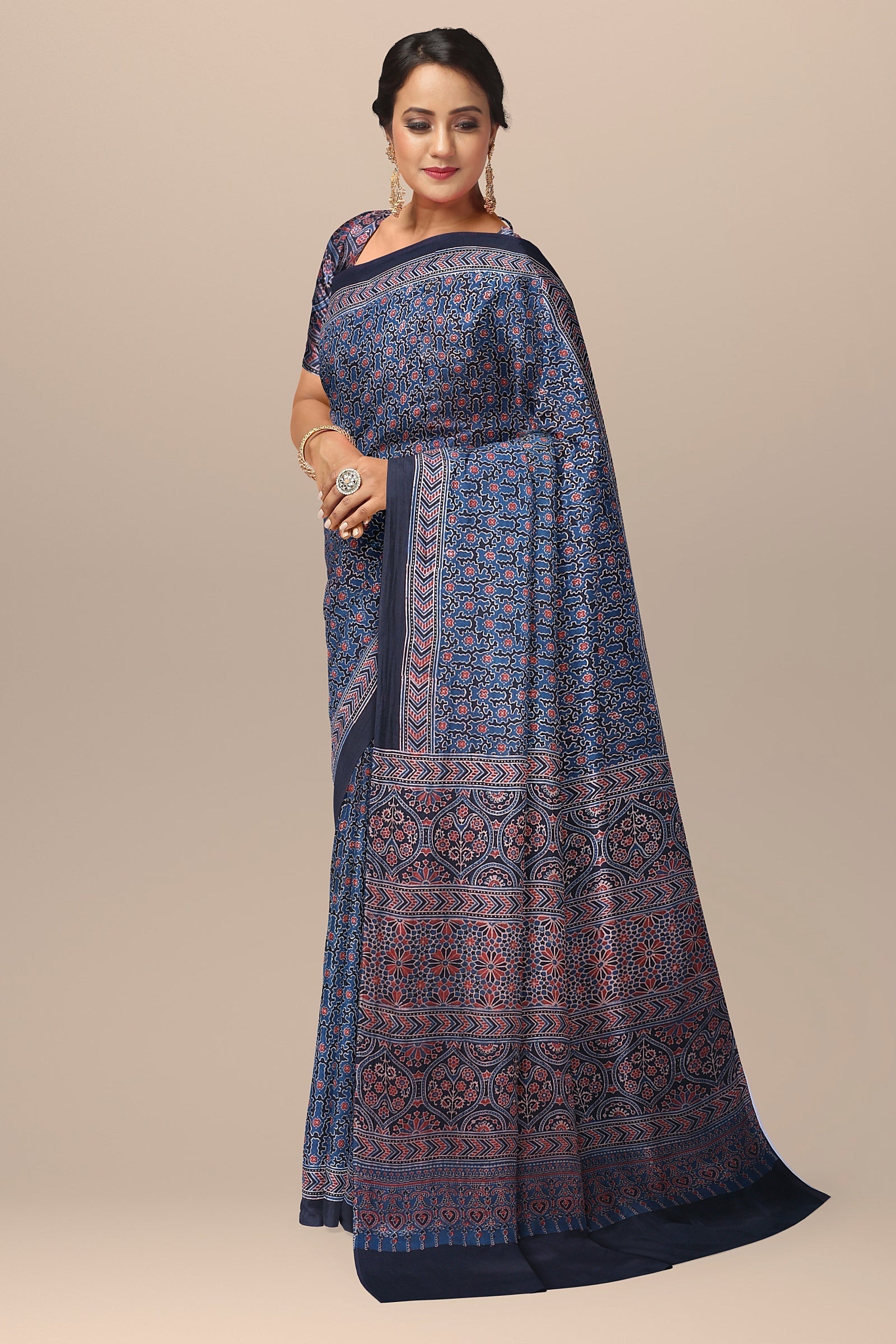 Black Color Traditional Blue and Red Floral and Geometrical Ajrakh Print Modal Silk Saree  SKU-BS10070 - Bhartiya Shilp