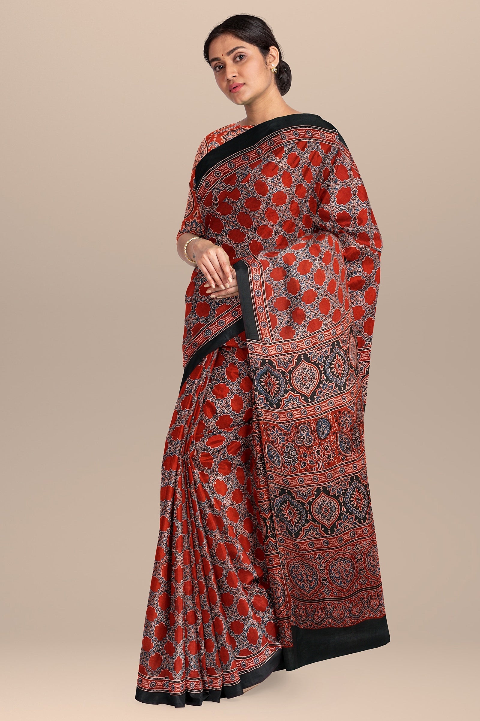 Traditional Ajrakh Print Modal Silk Saree with Black Blue and Red Floral and Geometrical Motifs  SKU-BS10073 - Bhartiya Shilp